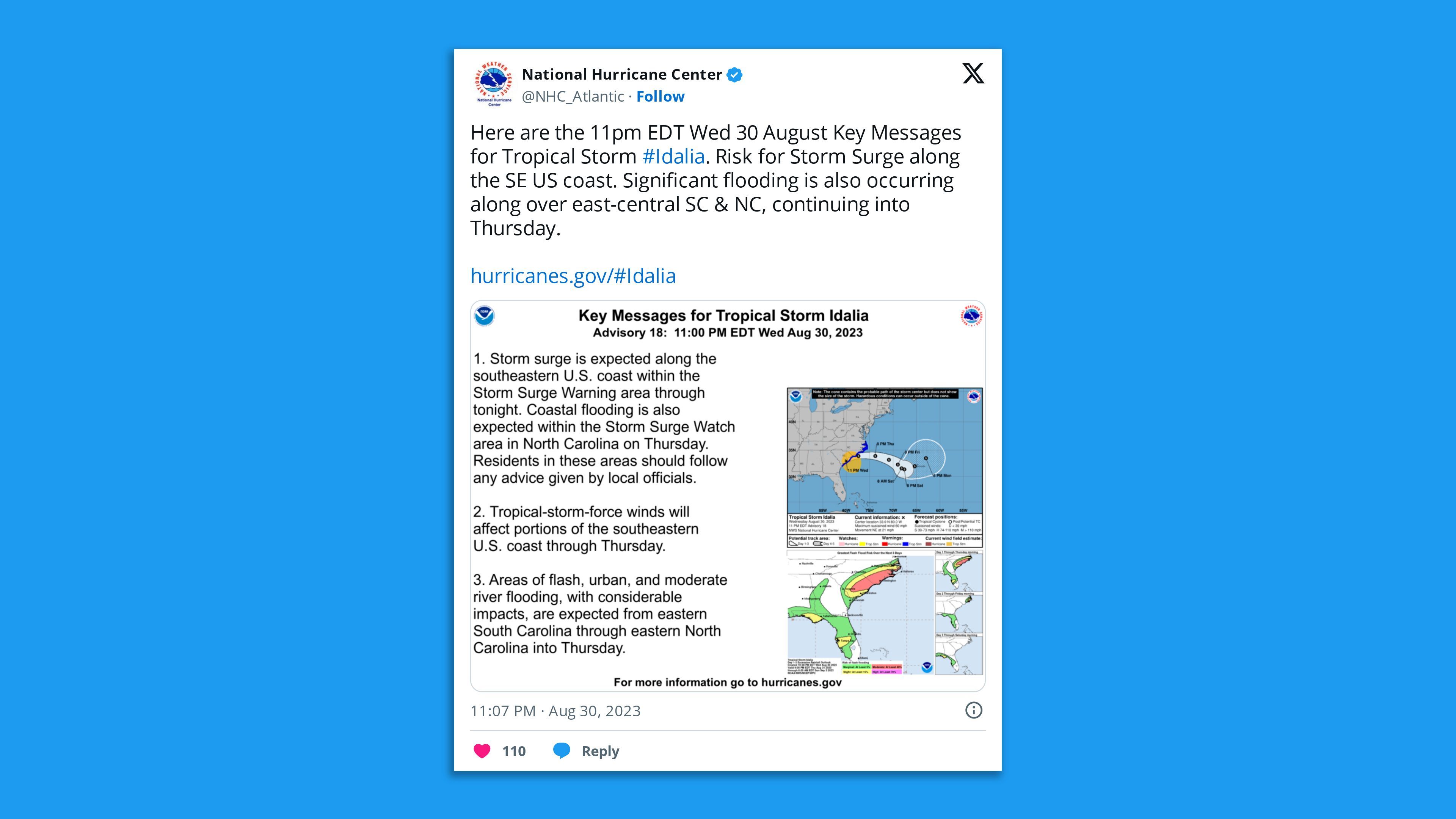 A screenshot of a National Hurricane Center tweet, saying in part: "Here are the 11pm EDT Wed 30 August Key Messages for Tropical Storm #Idalia. Risk for Storm Surge along the SE US coast. Significant flooding is also occurring along over east-central SC & NC, continuing into Thursday."