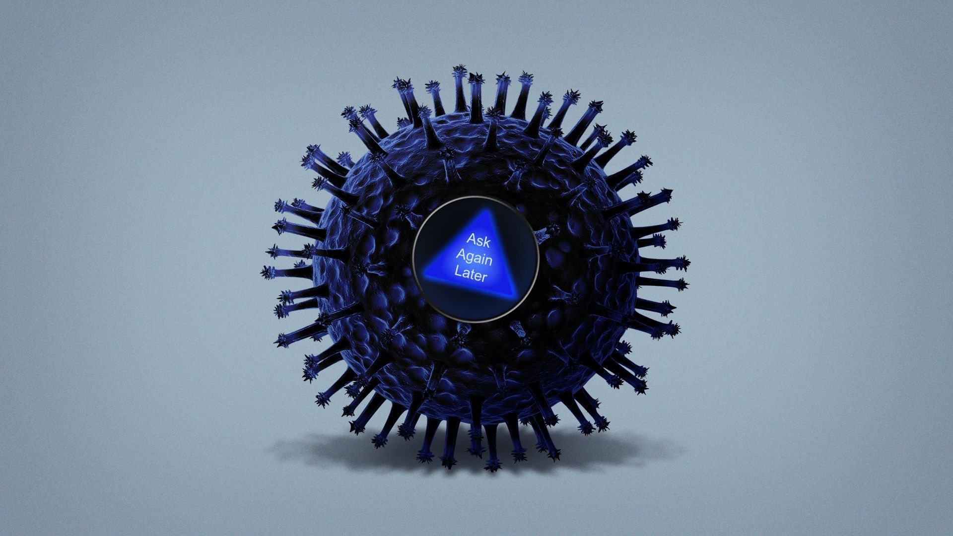Illustration of a bird flu virus cell as a magic 8 ball with an answer that reads "ask again later."