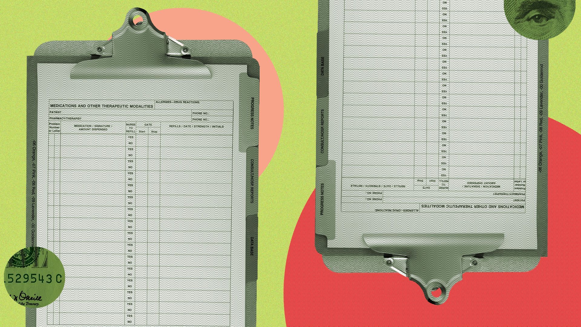 two medical record clipboards surrounded by circles and cutouts of money