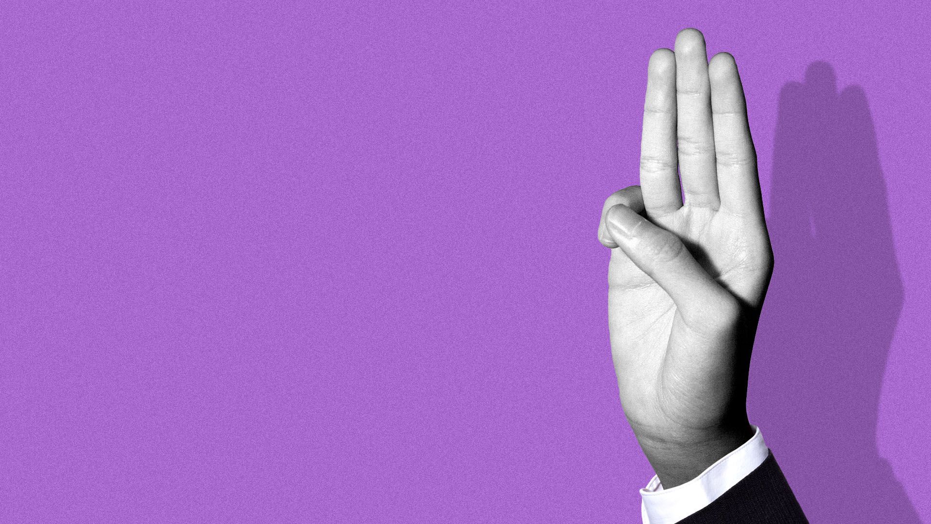 Illustration of a hand in a suit making the scouts honor sign