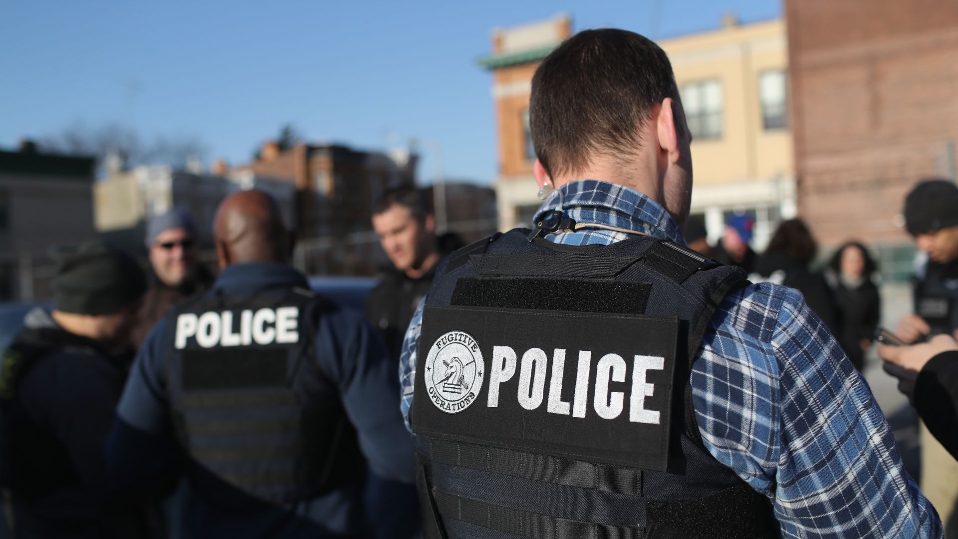 Immigration and Customs Enforcement (ICE), officers gather for a debriefing after operations to arrest undocumented immigrants on April 11, 2018 in Brooklyn