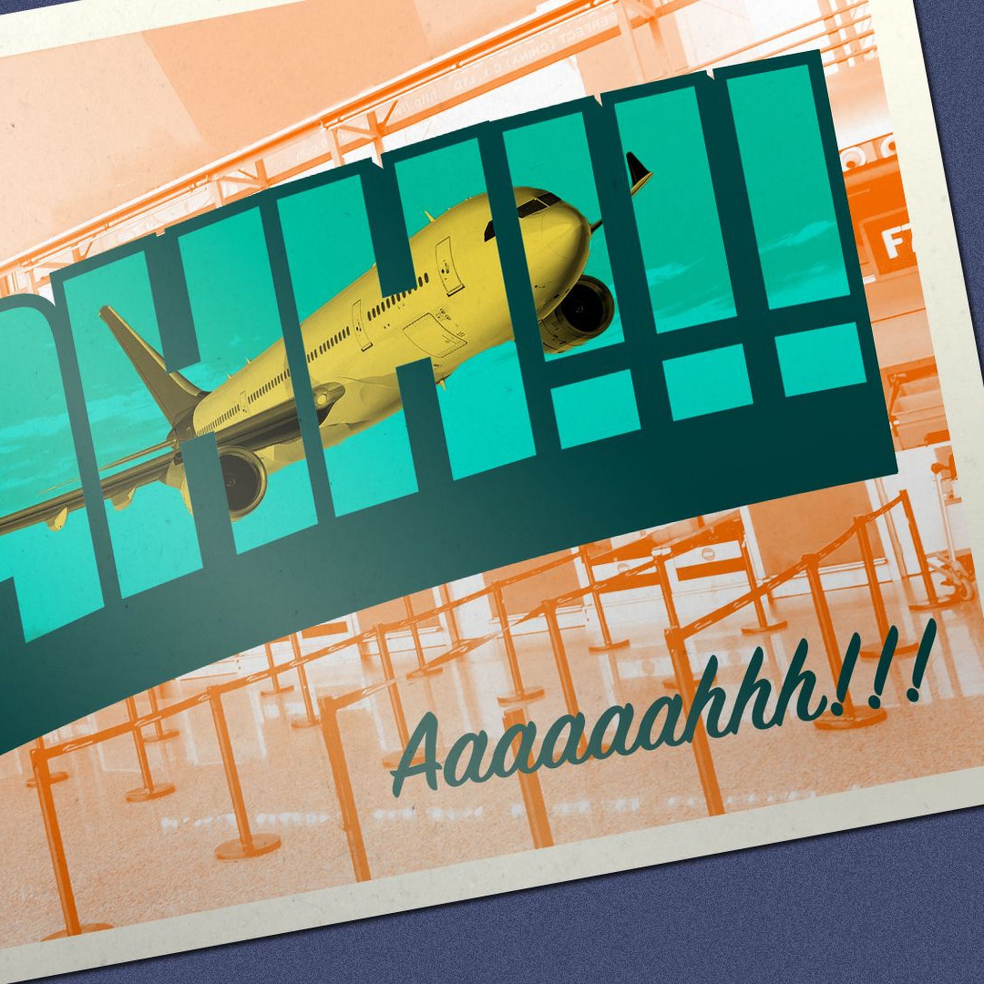 Illustration of a travel postcard with an airplane appearing in the text of a scream.