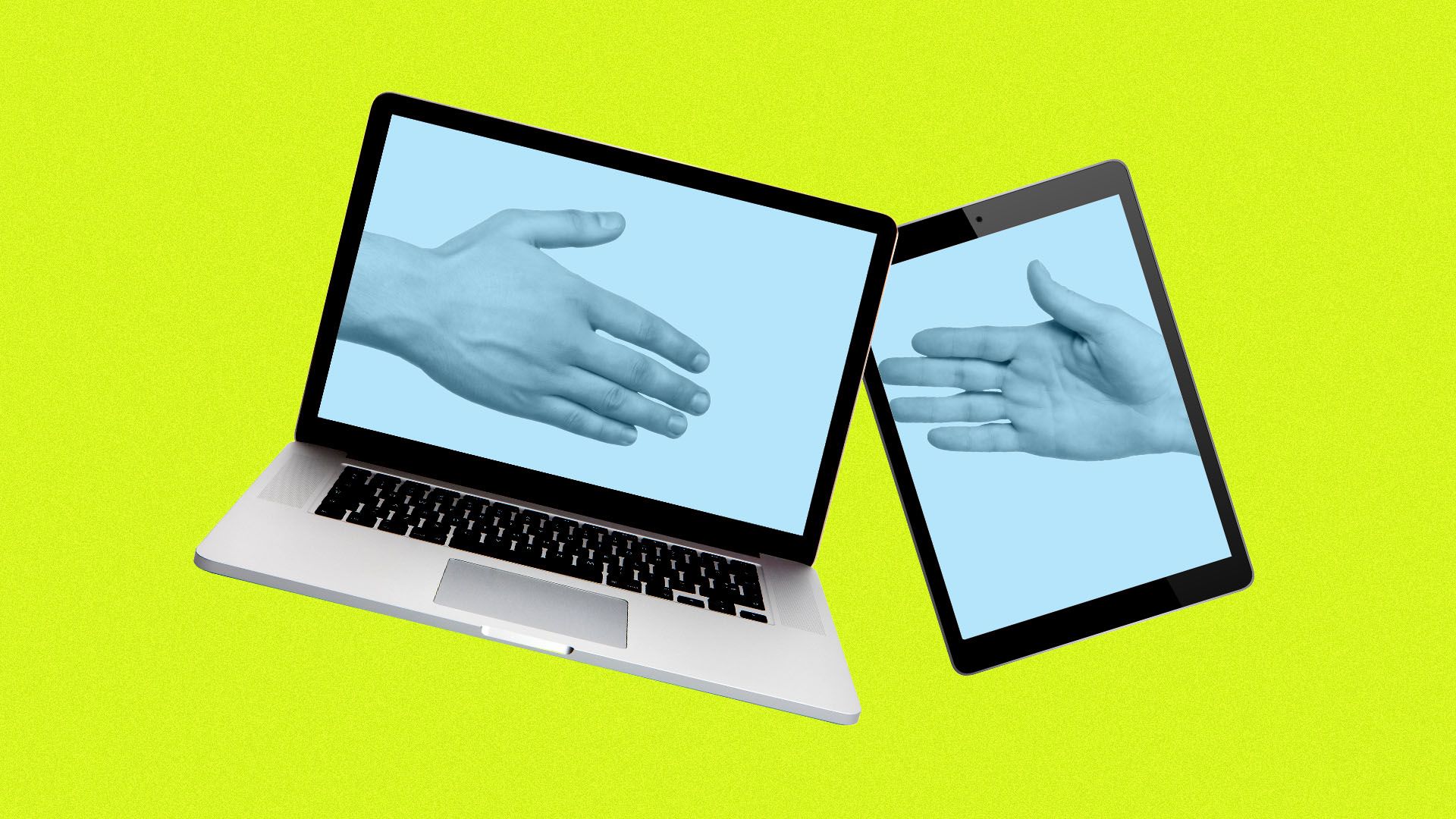 Illustration of a Mac laptop and an IPad with hands reaching to clasp