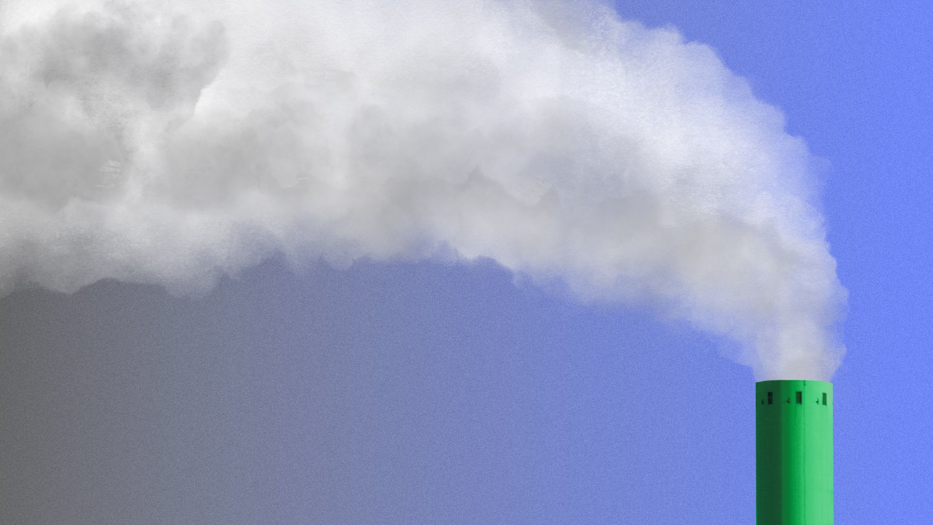 Illustration of a green smoke stack over a blue sky, with smoke coming out and the sky transitioning to grey. 