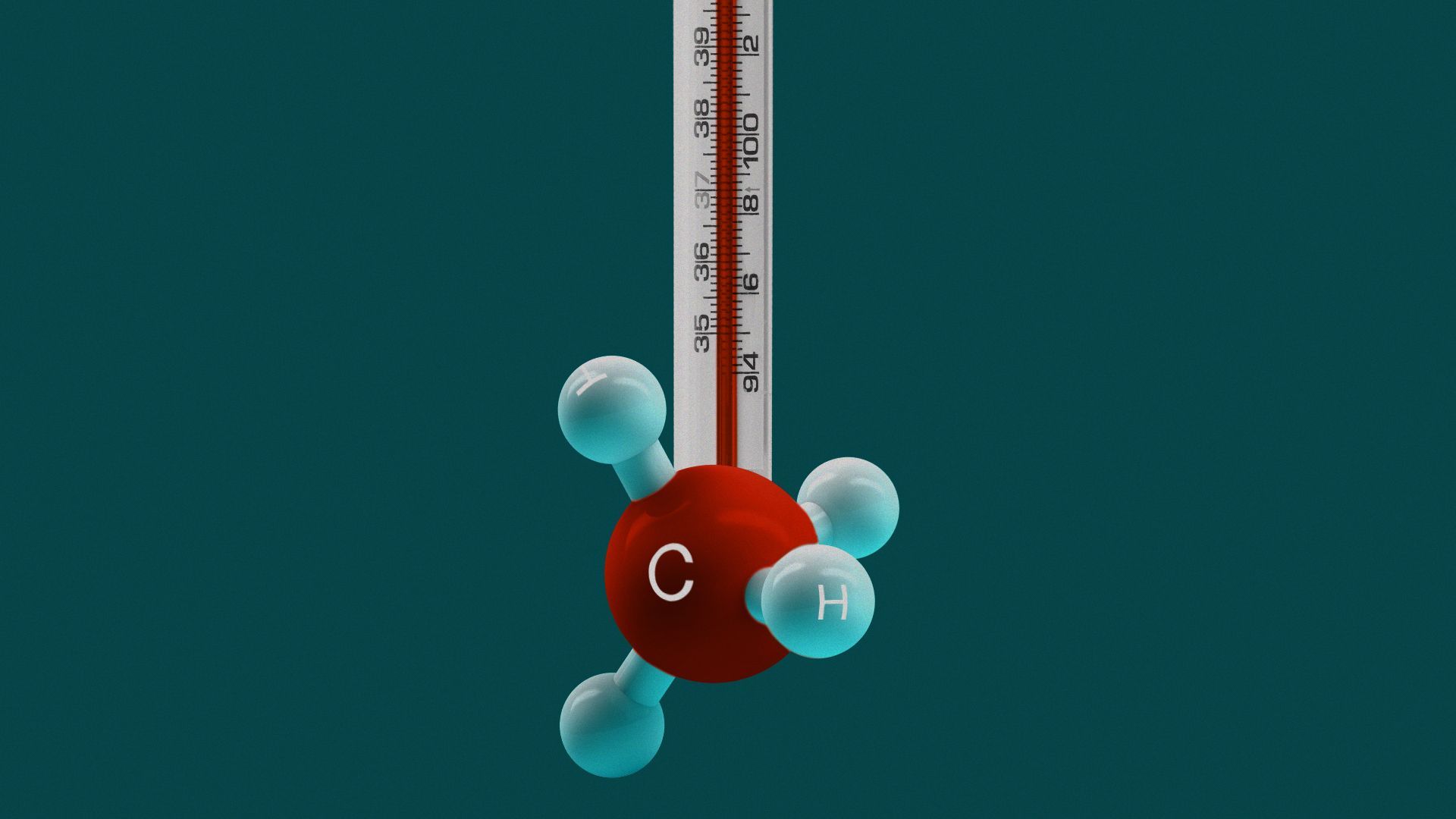 Illustration of a thermometer with a methane molecule as the base.