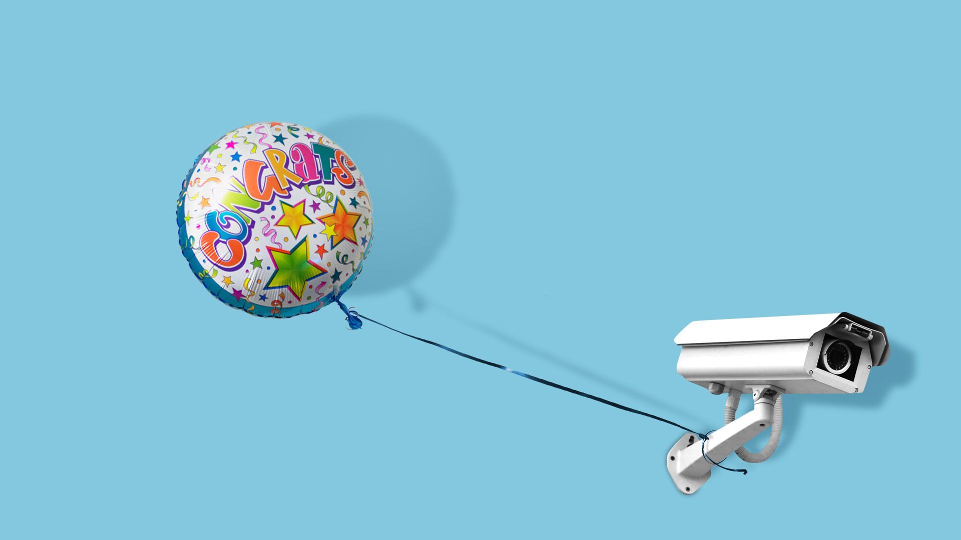 Illustration of a surveillance camera with a congratulations balloon tied to it 