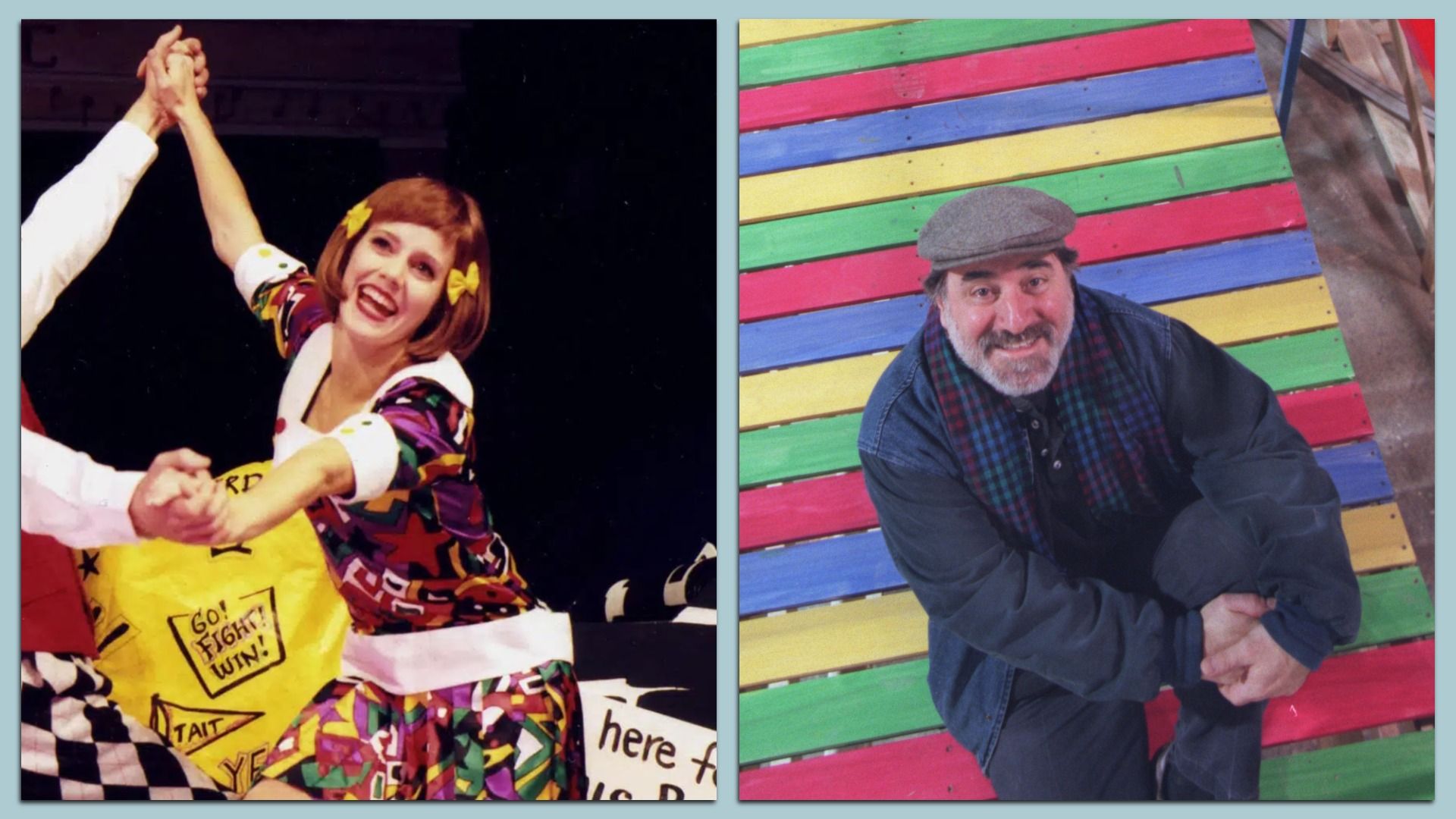 A side-by-side diptych of photos with a red-headed actress on one side and a man sitting on a rainbow-colored bridge on the right