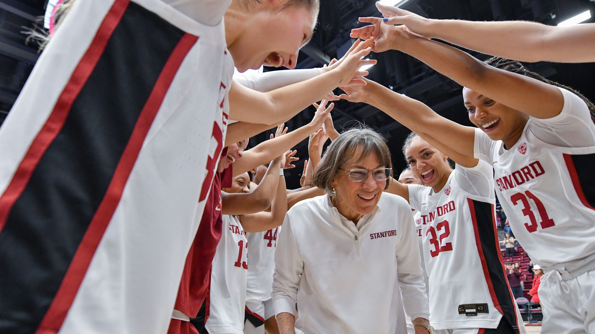  Stanford Cardinal head coach Tara VanDerveer celebrates at Stanford Maples Pavilion after a game against the Oregon Ducks. Tara VanDerveer ties Mike Krzyzewski with 1,202 NCAA career wins at Stanford Maples Pavilion on January 19, 2024 in Palo Alto, California. 