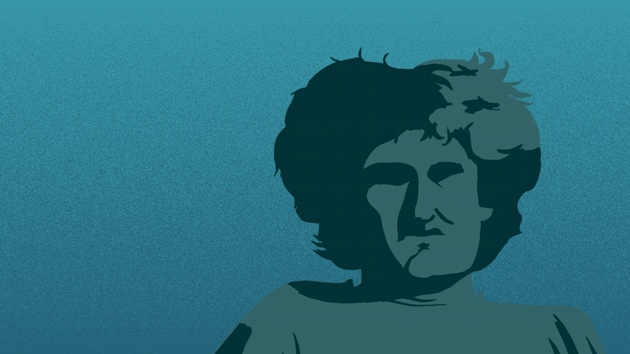 Illustration of the silhouette of Sam Bankman-Fried crumbling and falling.