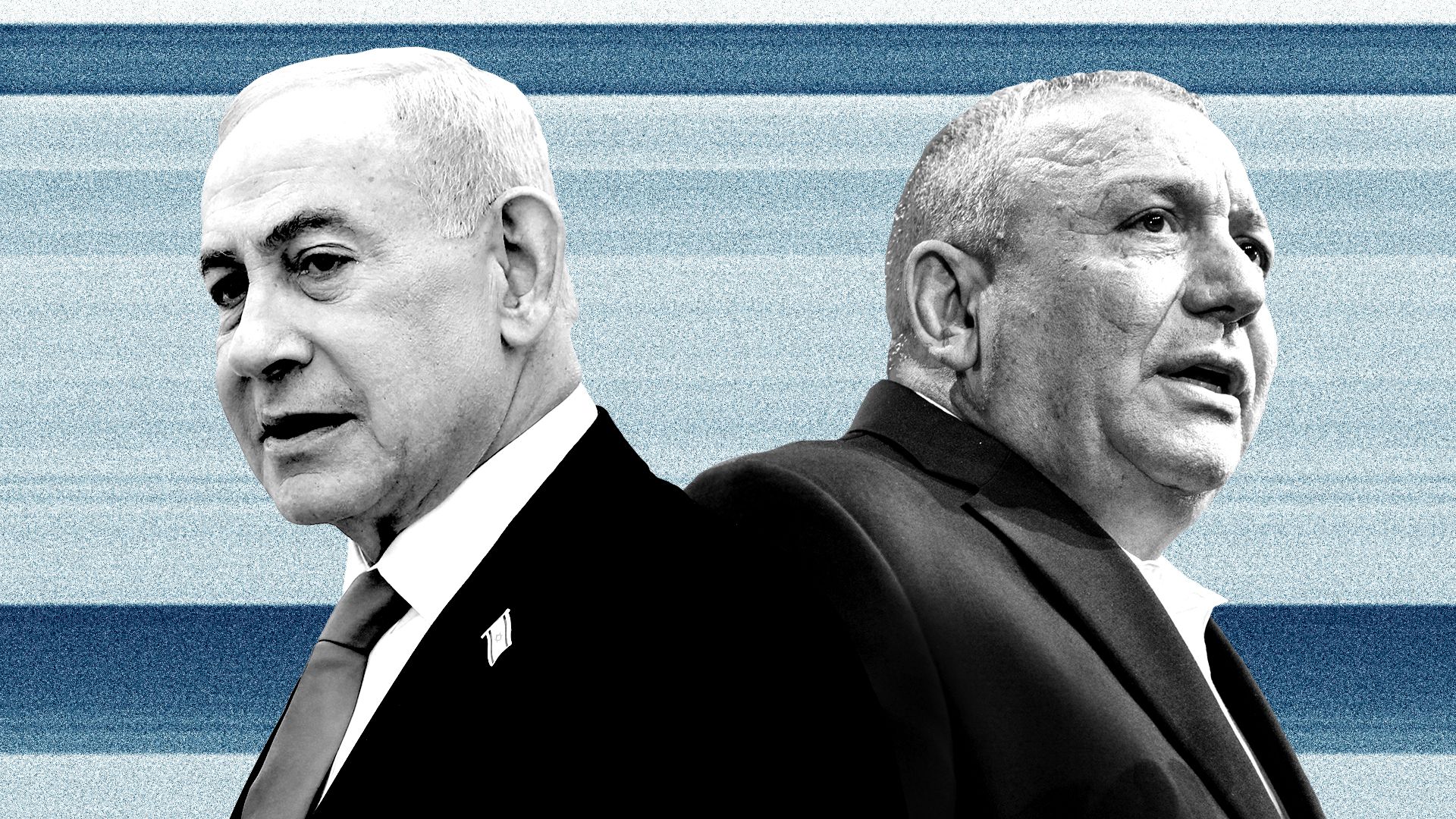 Photo illustration of a collage featuring Benjamin Netanyahu and Gadi Eisenkot facing away from each other over a background of horizontal bands of different shades of blue.