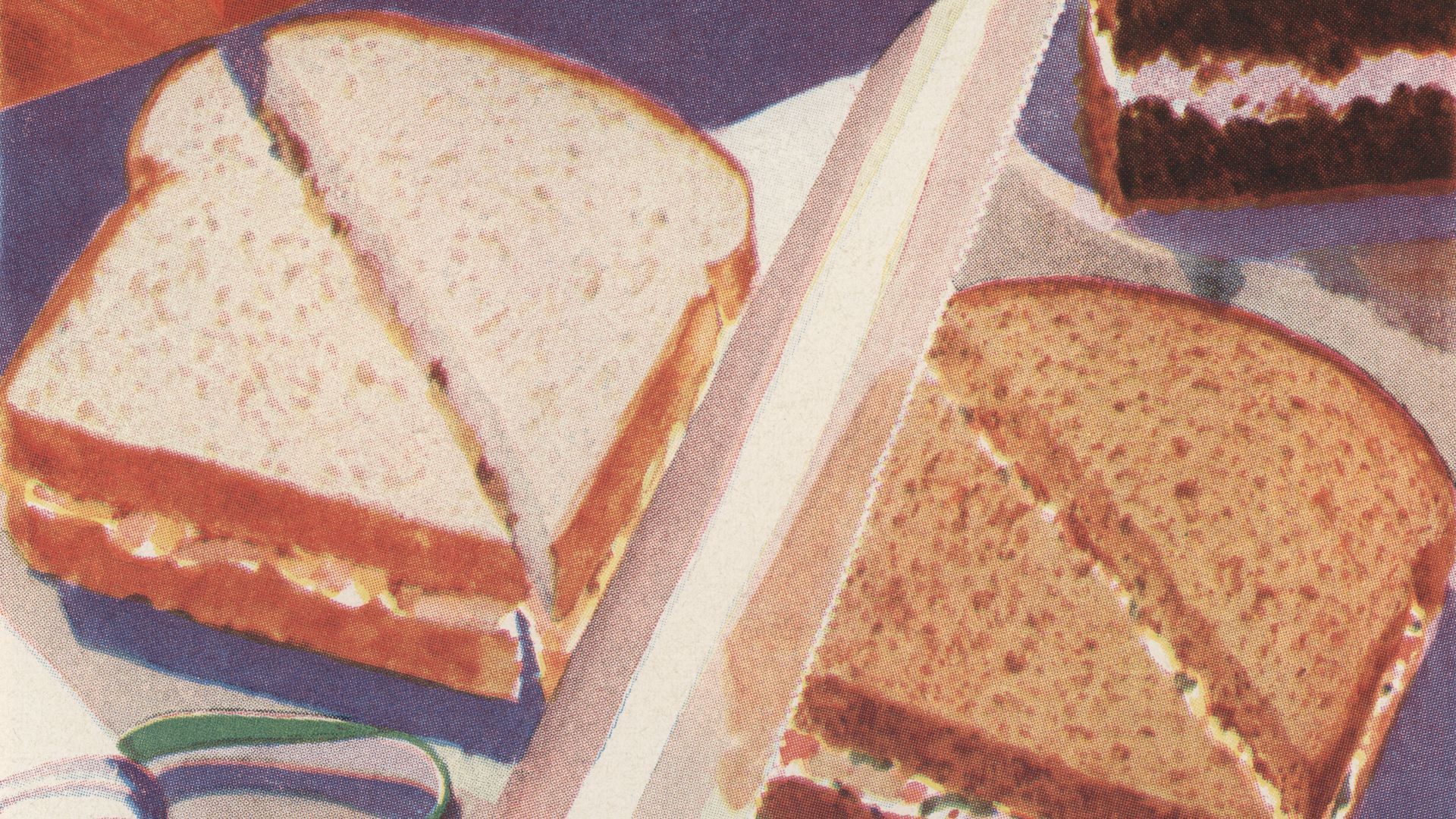 Illustration of sandwiches being prepared for a box lunch, 1931. Screen print.