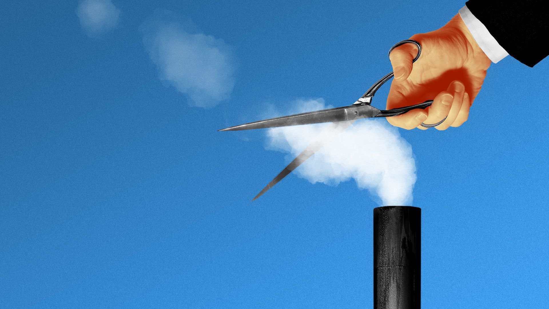 Illustration of a hand with scissor cutting emissions from a smoke stack