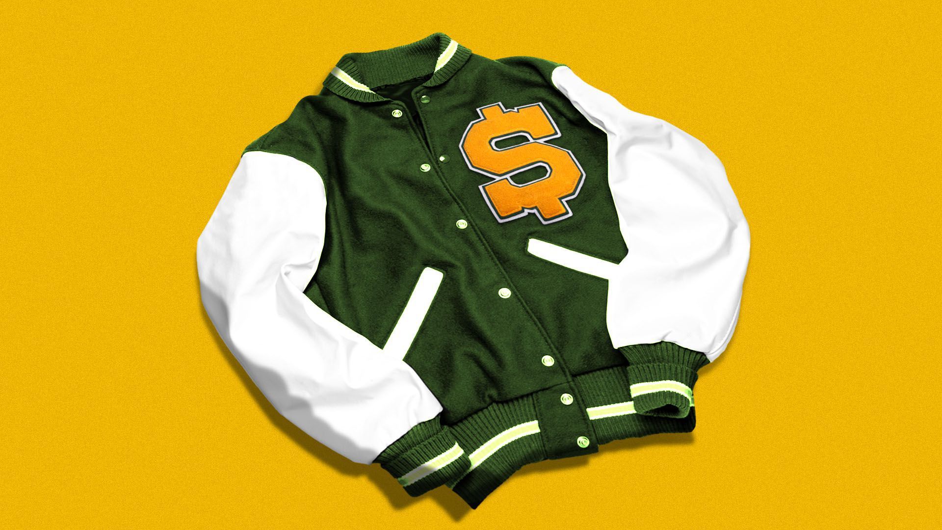 A green-and-white letterman's jacket with a dollar sign patch on the breast pocket