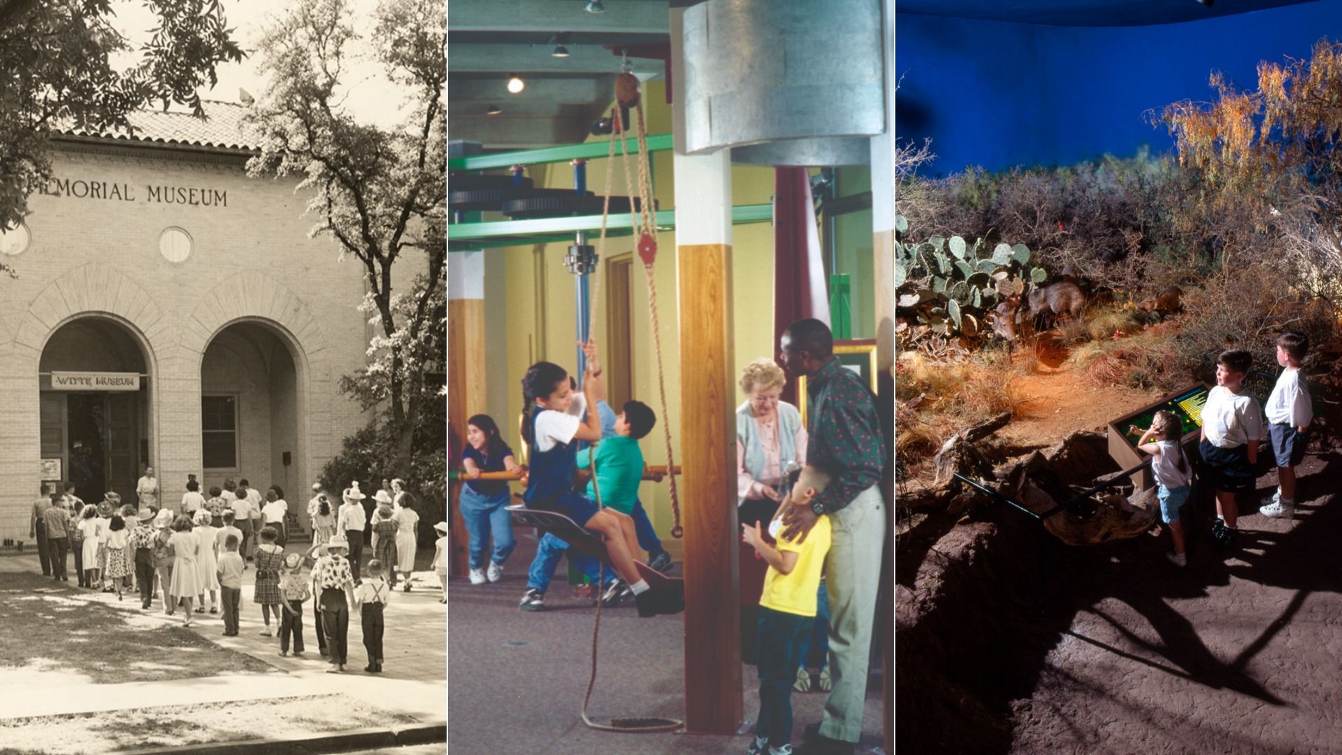 Three-panel collage: vintage Memorial Museum exterior with crowds; colorful indoor playground with ropes and kids; desert landscape with cacti and children at a display.