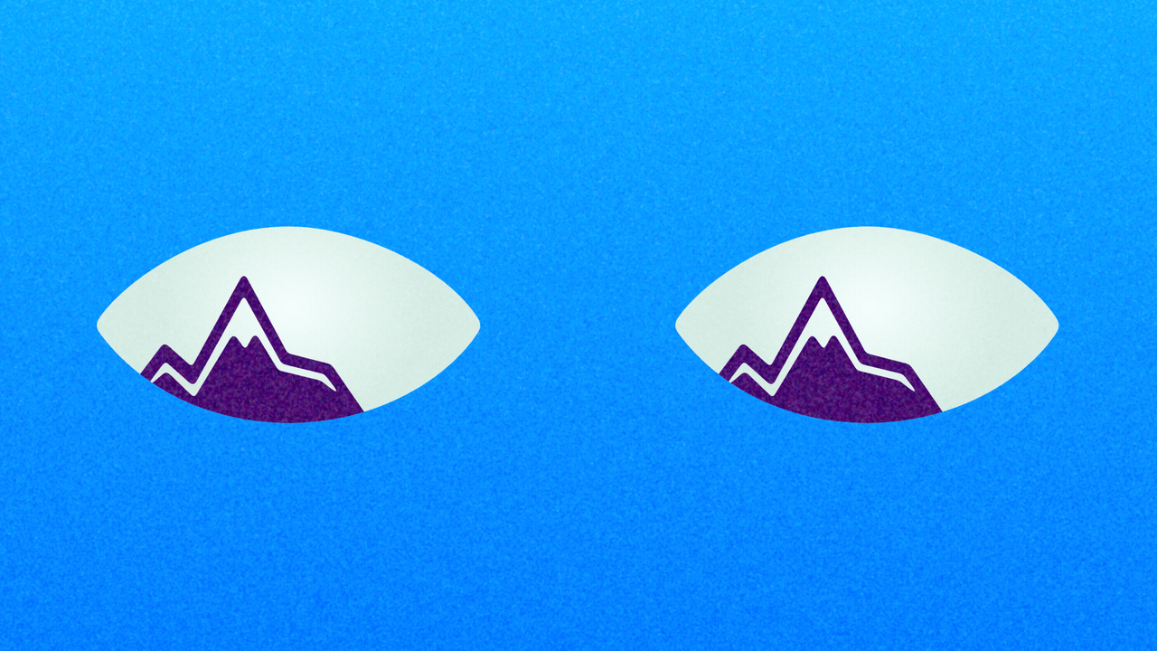 Animated illustration of a pair of eyes with stylized Pikes Peak icons for pupils, which are looking around.