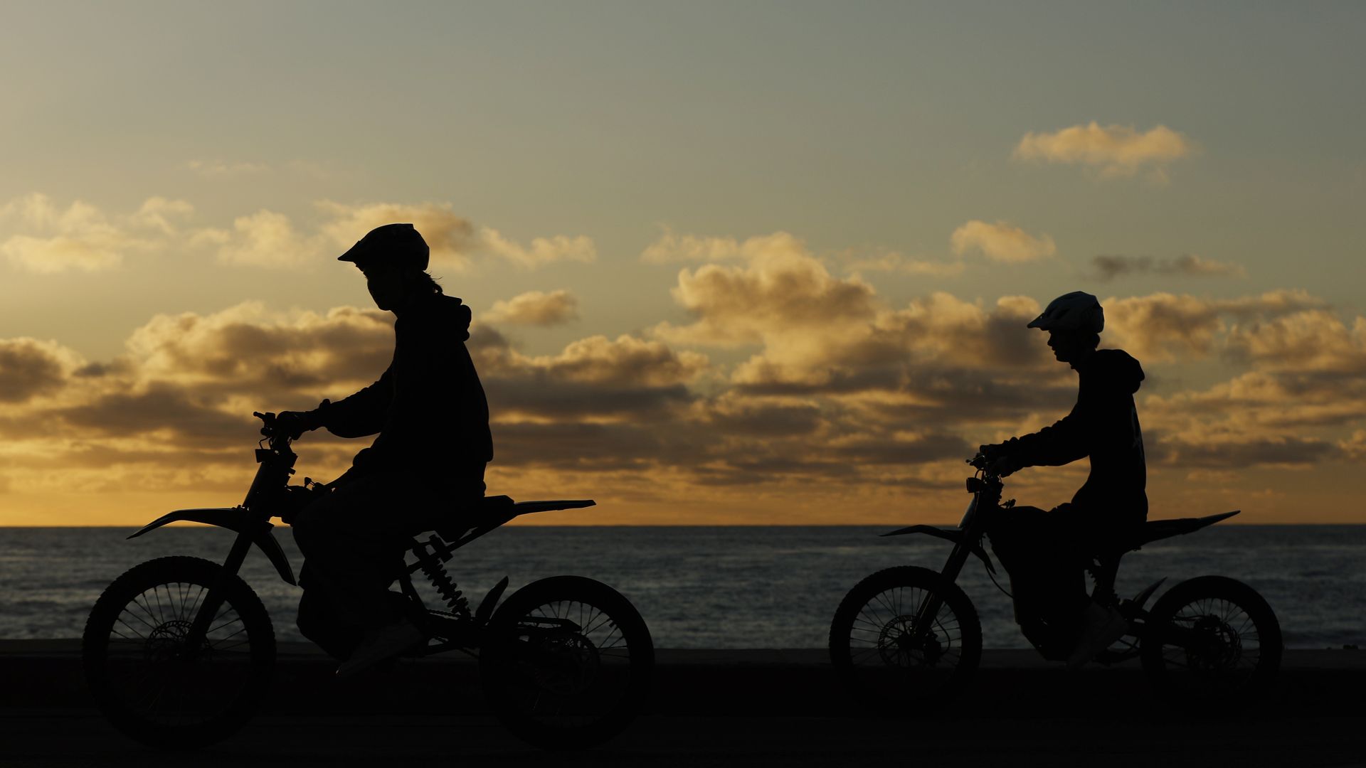 Silhouettes of two people riding bicycles against a sunset sky with clouds over the ocean.