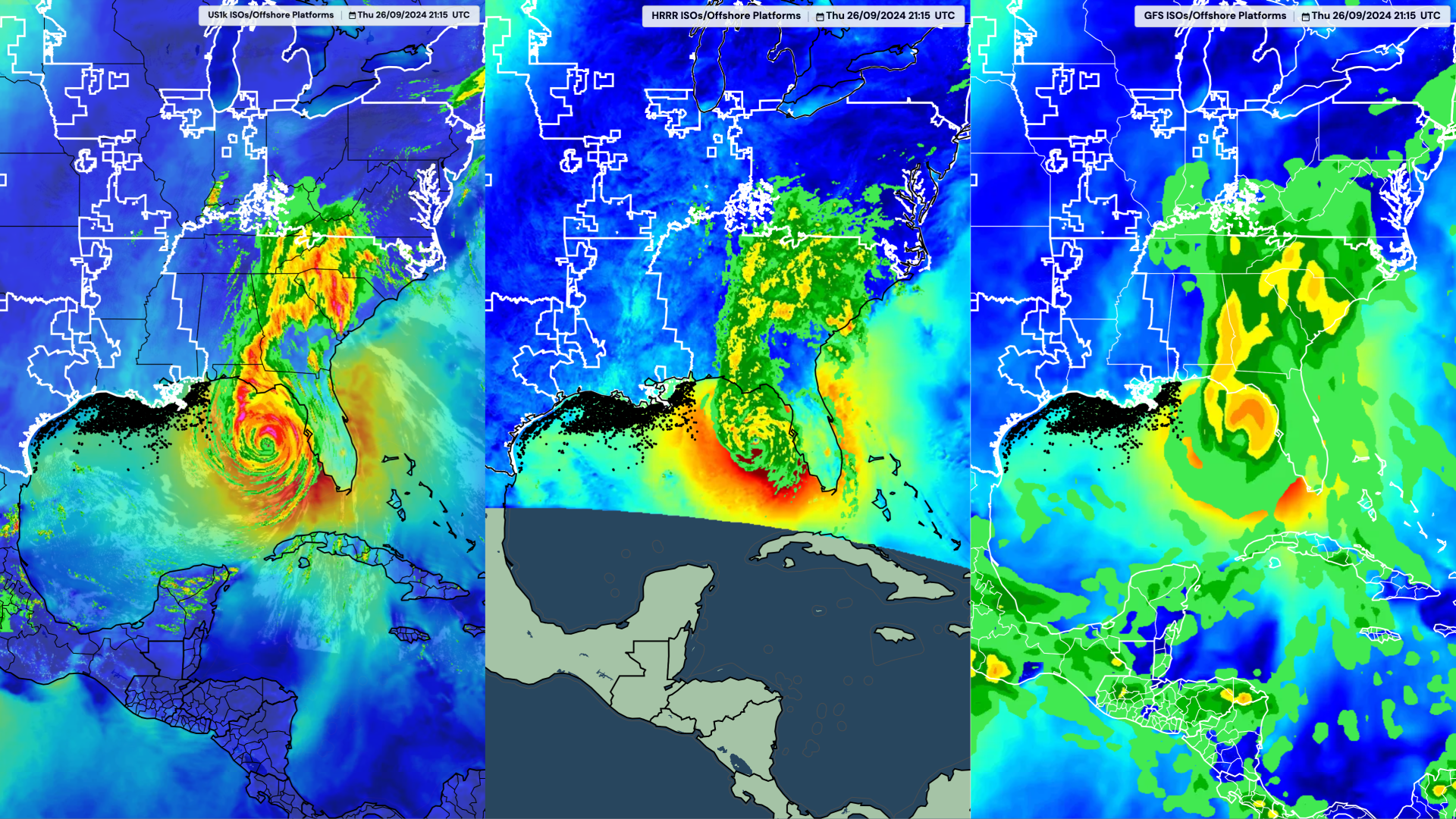 Three images of a hurricane as viewed via hurricane models from left to right, showing the differences between their resolution levels. 
