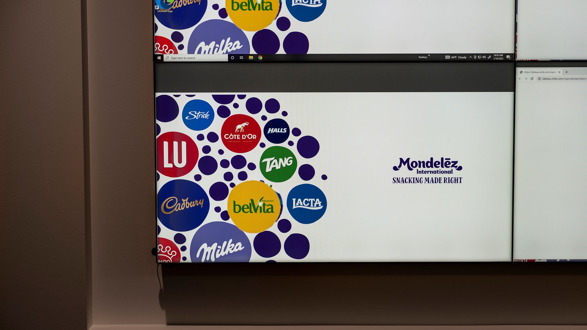 The Mondelez name appears on a screen alongside the names of many of the brands it owns.