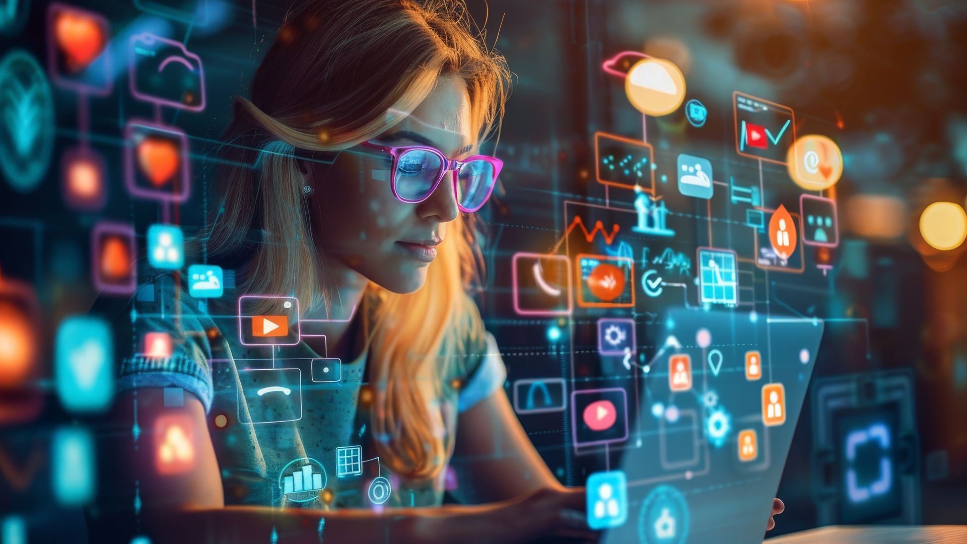 A woman using a computer.