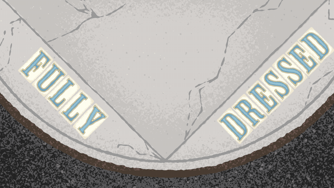 Animated illustration of a sidewalk corner with street-name tiles reading FULLY DRESSED cycling through three different styles.