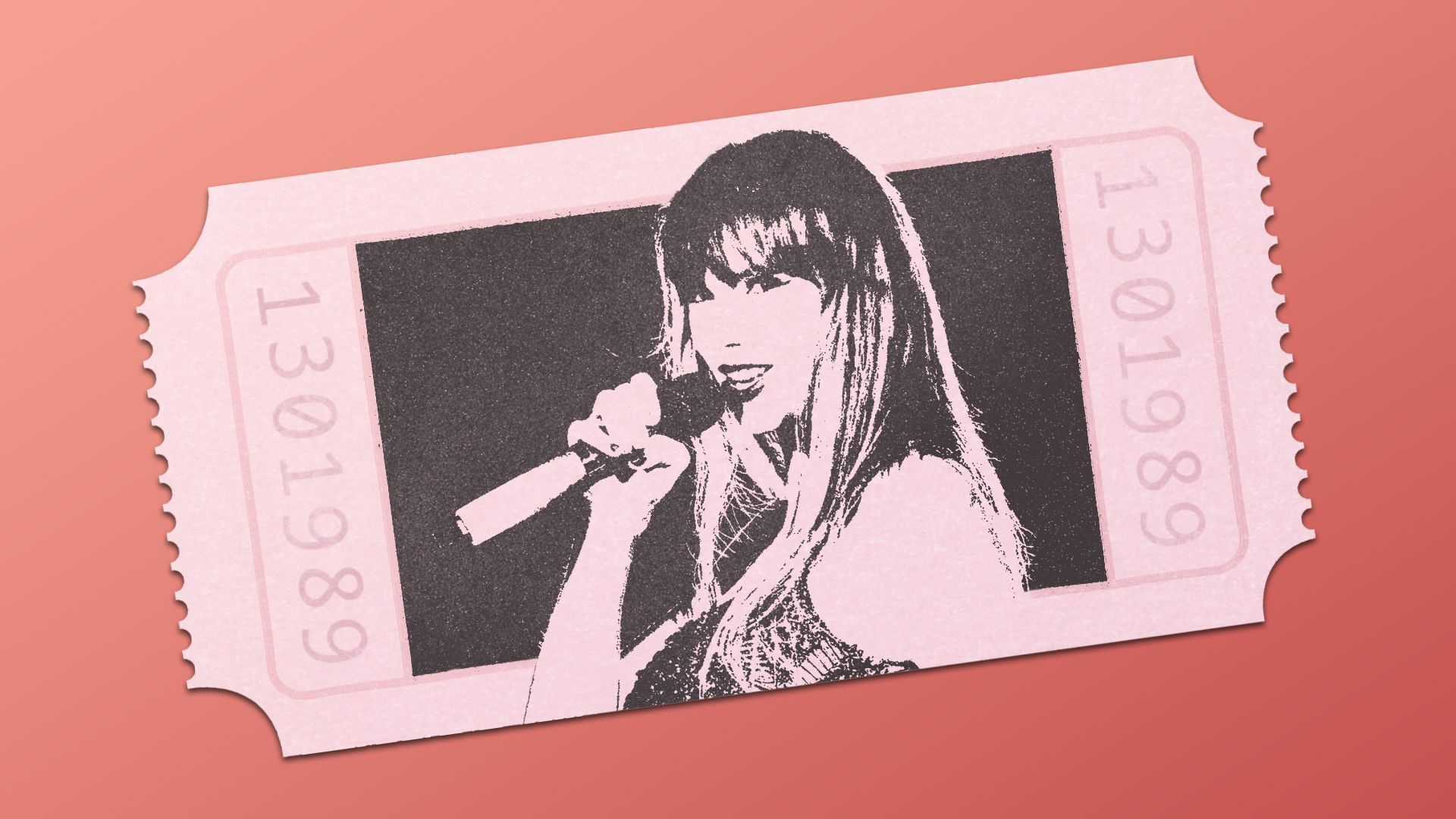 Photo illustration of a ticket with Taylor Swift stamped on it
