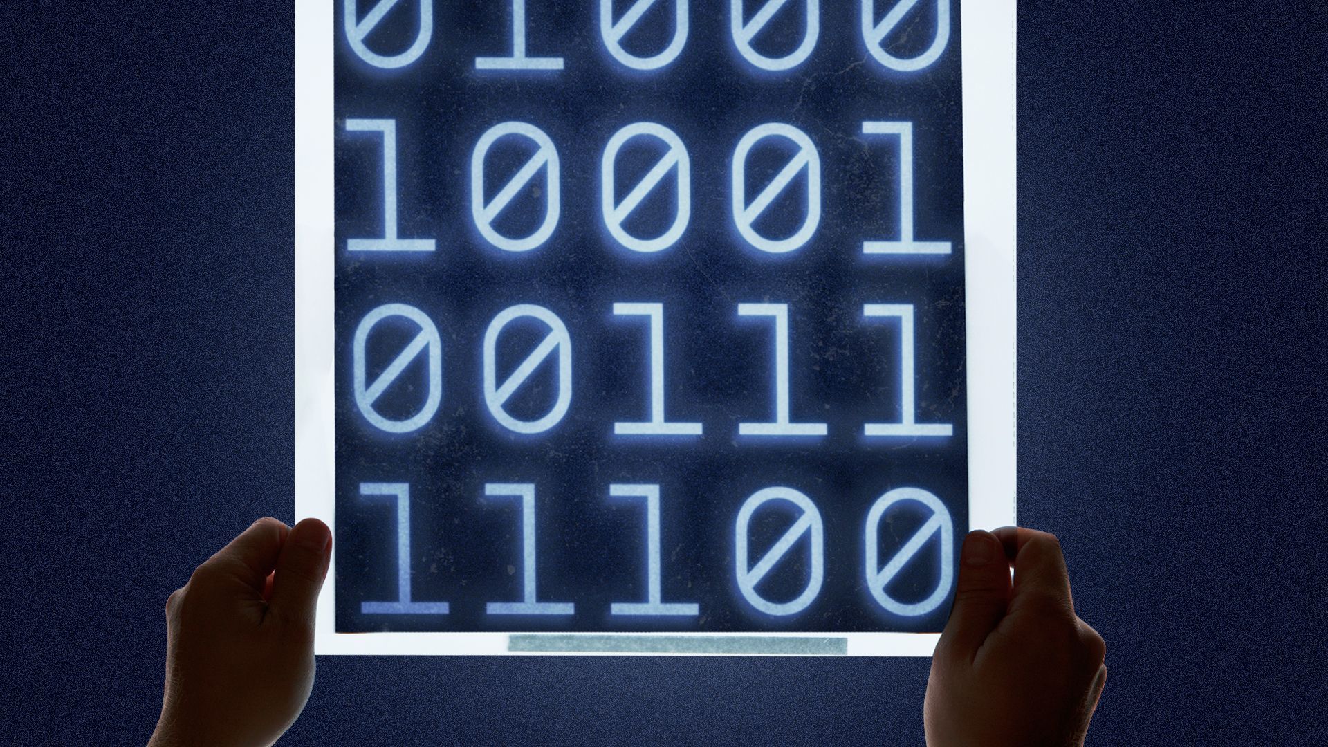 an illustration of x-ray film with binary code on it 