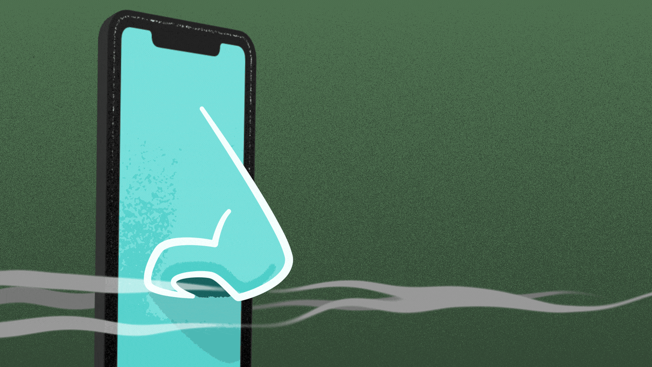Animated illustration of a smartphone with a nose sniffing smoke wafting by.