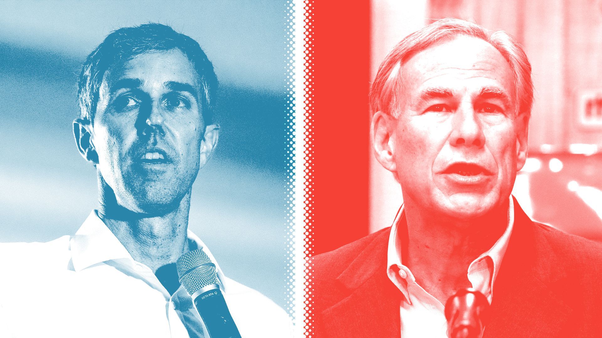 Photo illustration of Beto O'Rourke tinted blue and Greg Abbott tinted red separated by a white halftone divider.