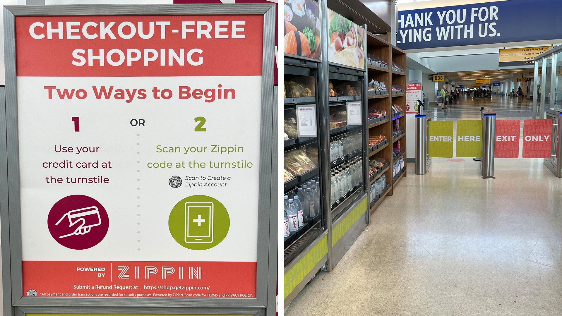 Side-by-side images of a checkout-free store at JFK airport