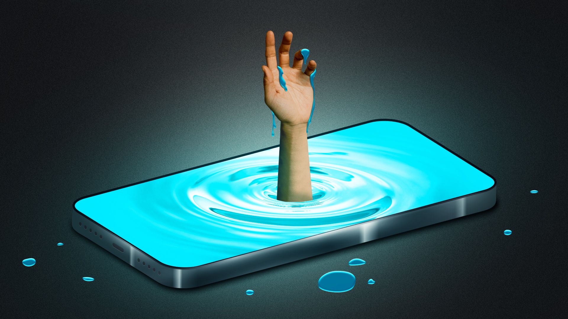 Illustration of a hand drowning in a phone's screen that has turned into liquid. 