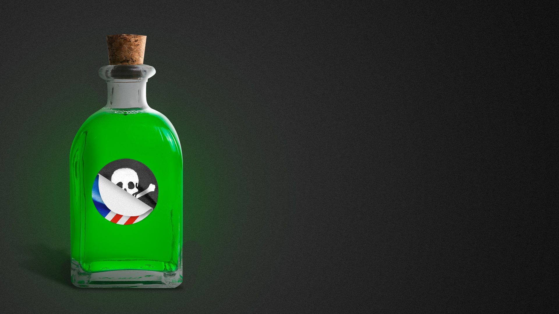 Illustration of a bottle of liquid with a label bearing the stars and stripes peeling off to reveal a poison label.