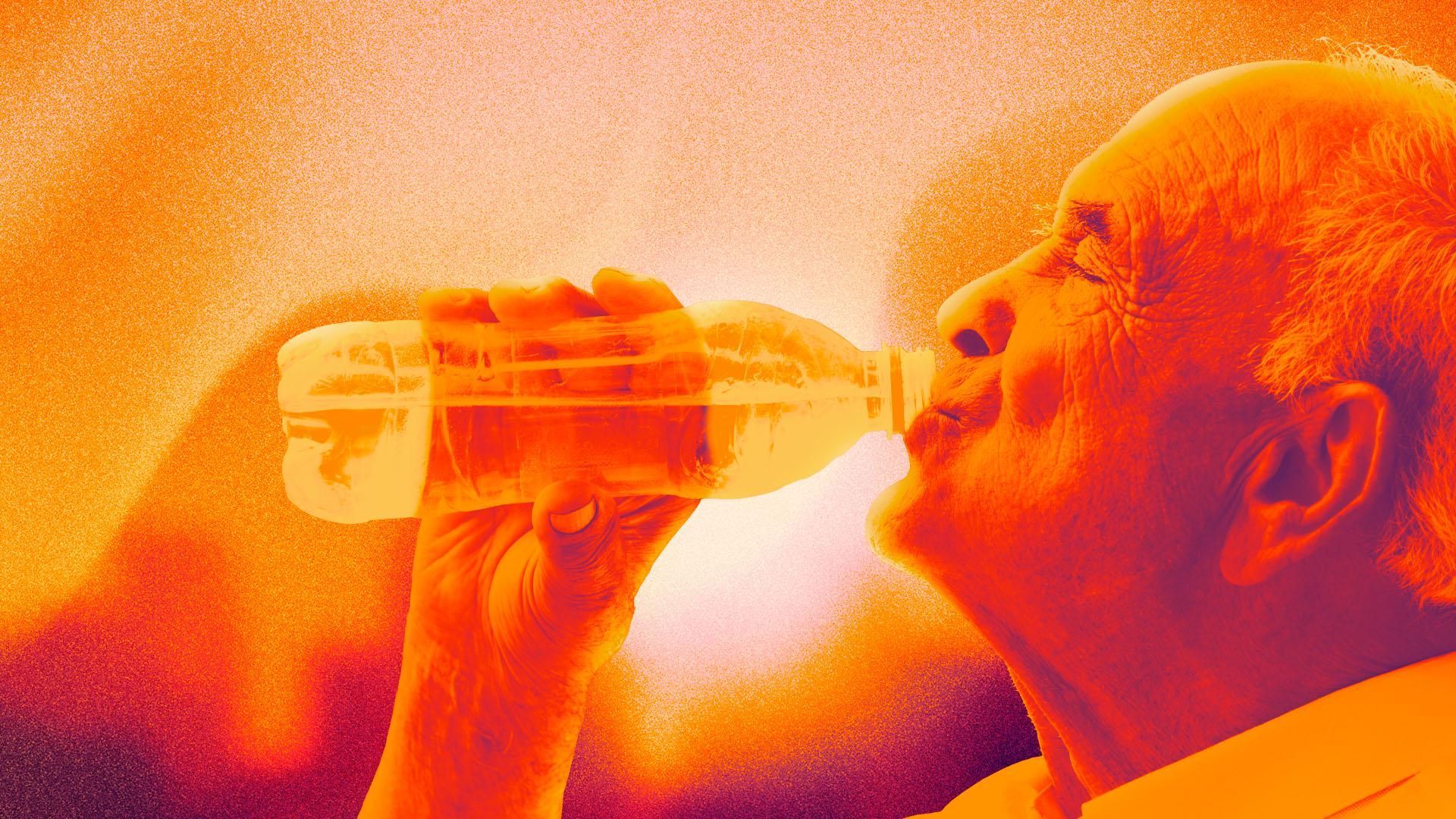 Illustration of an older man drinking a bottle of water against a sweltering background