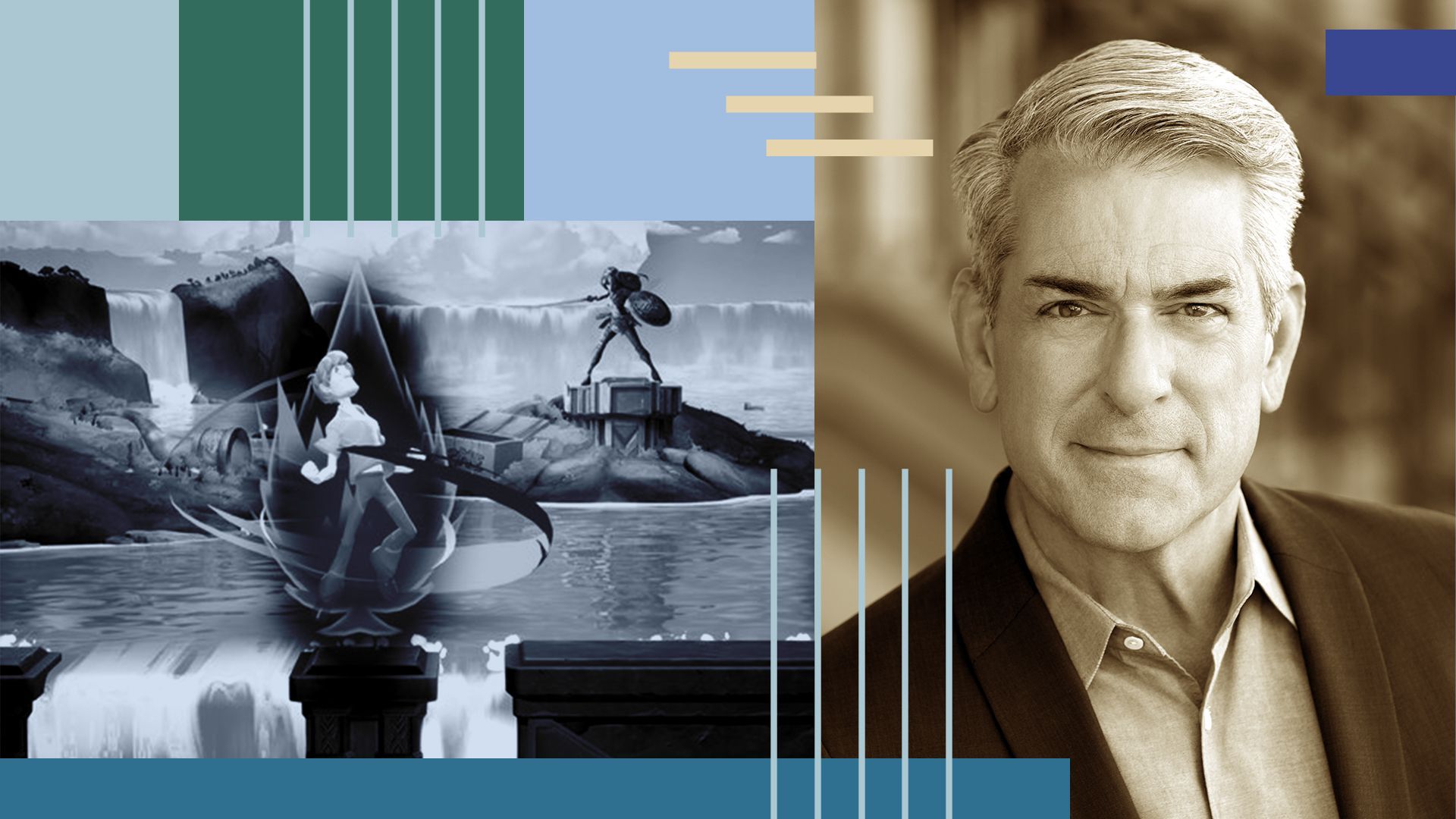 Photo illustration of David Haddad, a still from Multiversus and abstract shapes.