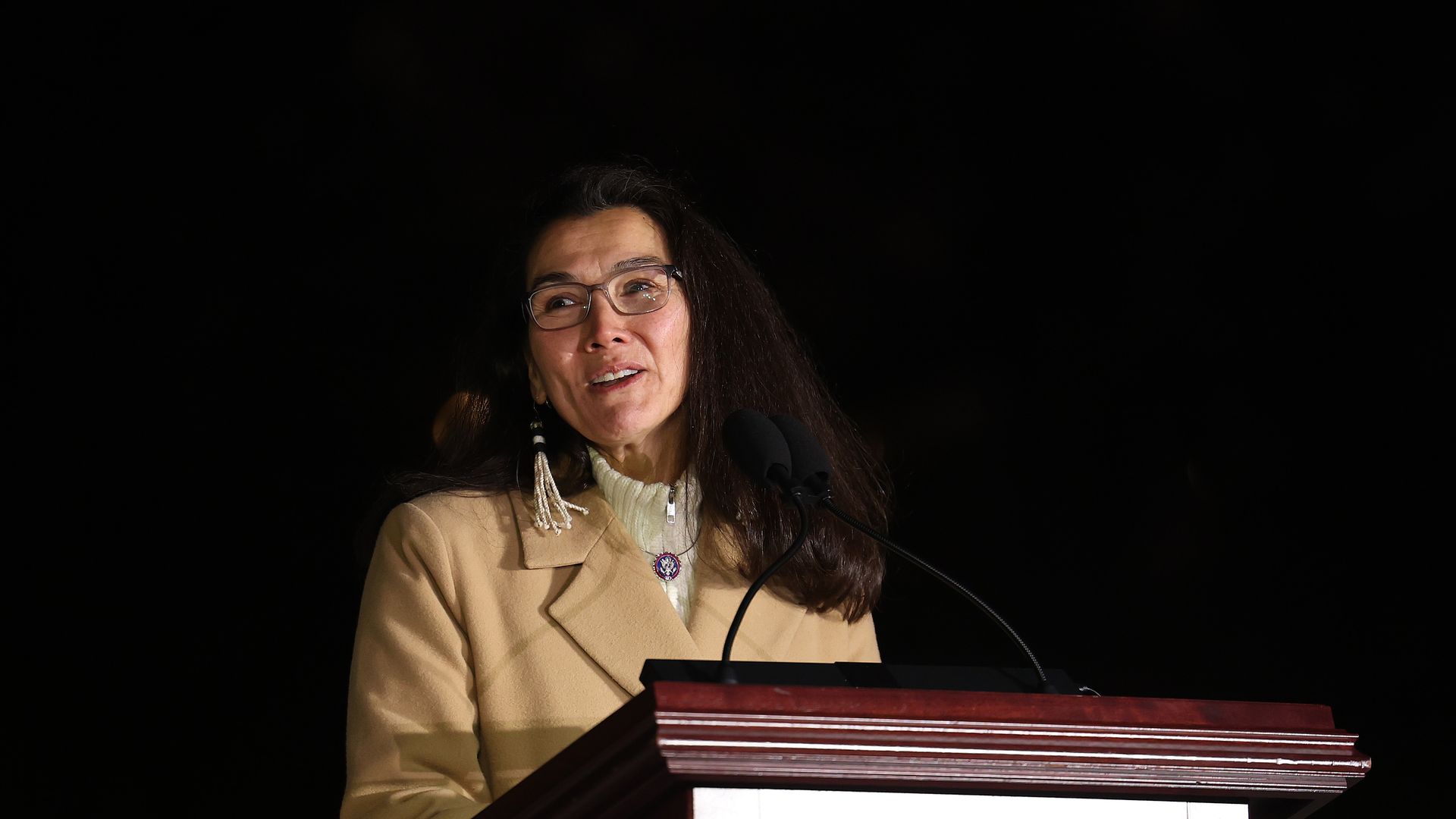 Former Rep. Mary Peltola (D-AK) speaks during the U.S. Capitol Christmas Tree lighting ceremony on the west front of the U.S. Capitol on December 03, 2024 in Washington, DC. 