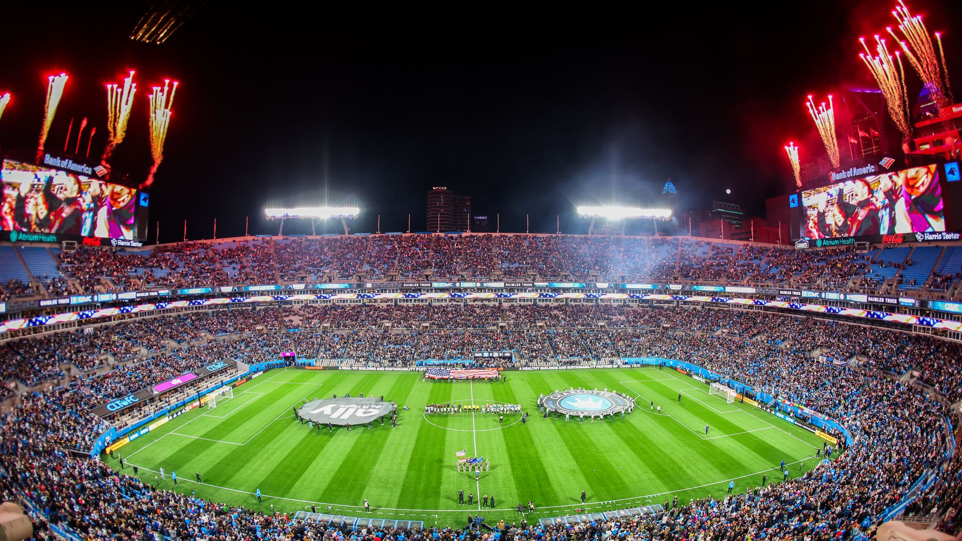 Charlotte FC prepares to play at Bank of America Stadium in Uptown Charlotte. Fireworks go off. 