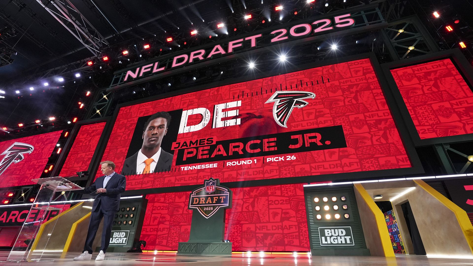Tennessee defensive end James Pearce Jr. is selected 26th overall by the Atlanta Falcons during the first round of the 2025 NFL Draft on April 24, 2025 in Green Bay, Wisconsin. (Photo by Perry Knotts/Getty Images)