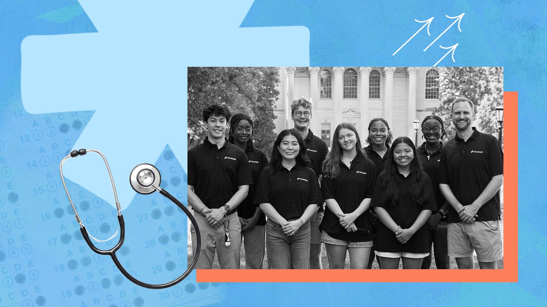 Group of eight diverse young people and one adult standing in front of a building, all wearing black Outset polo shirts, smiling, against a blue background with a stethoscope and arrows.