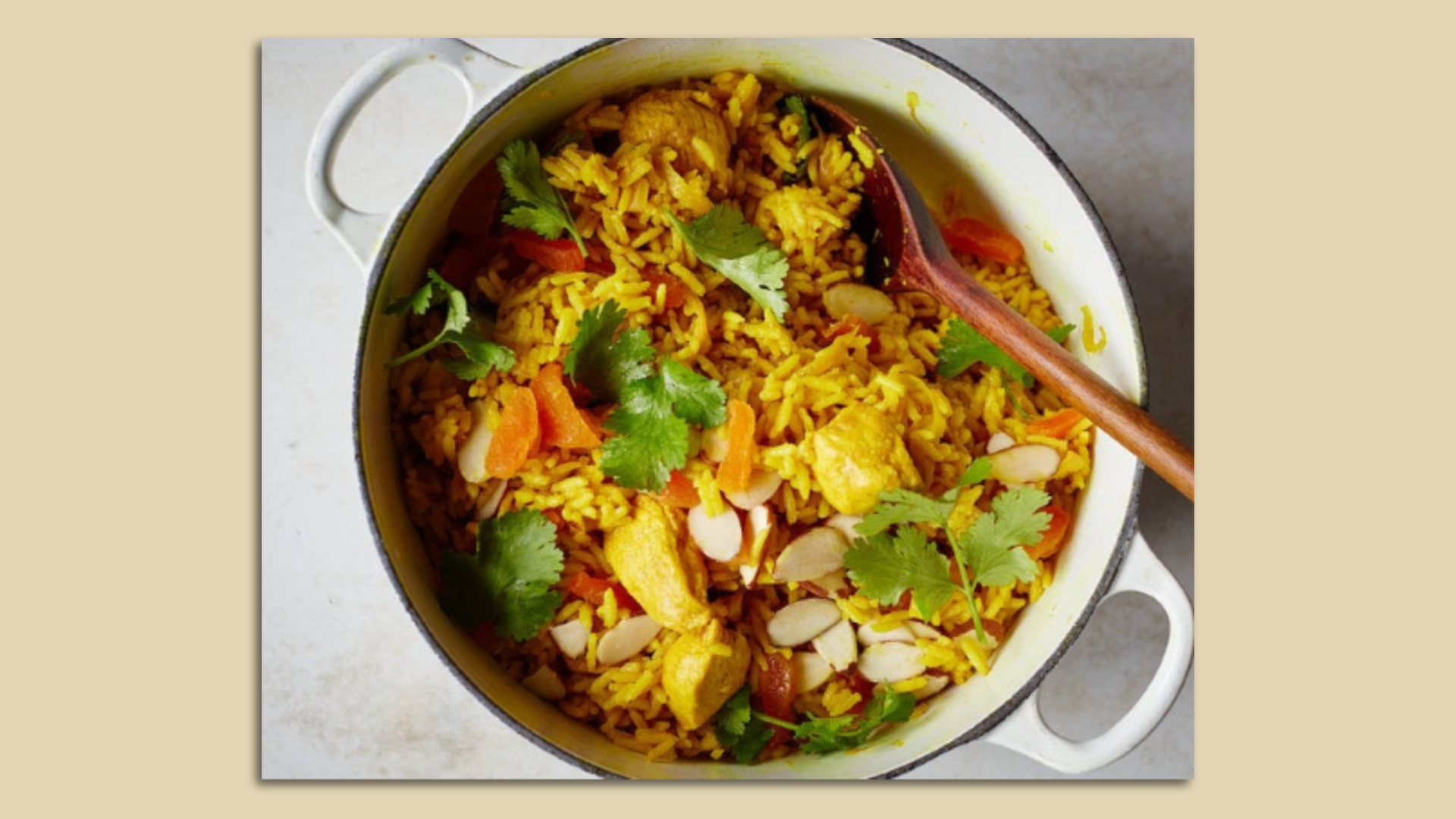 A mango-tinged chicken and rice dish.