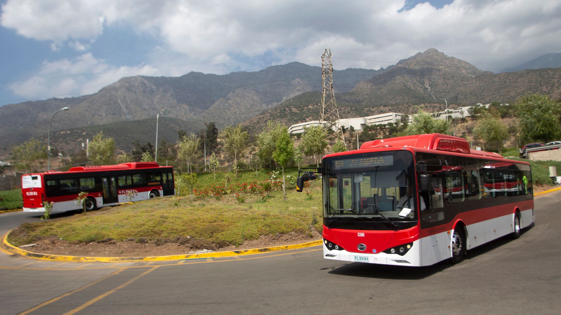 Electric buses on the road in Santiago, Chile