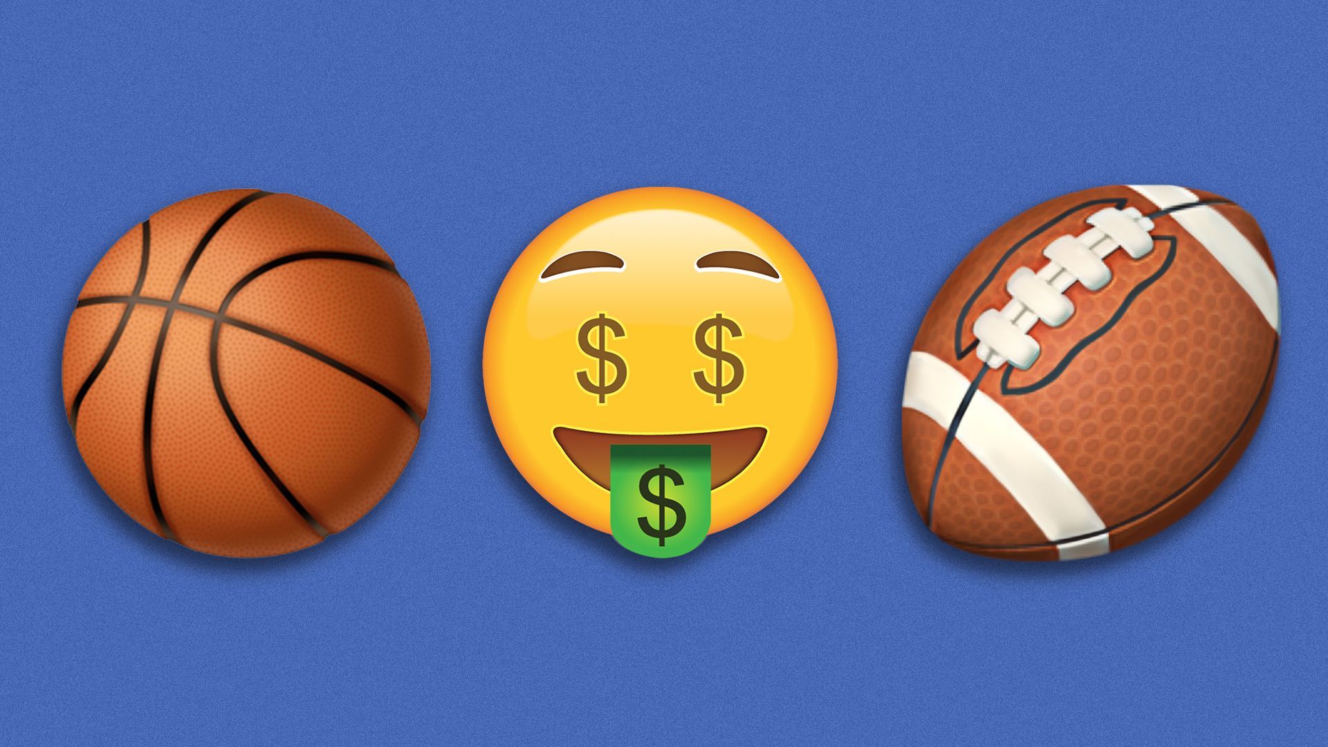 Illustration of the football, money tongue, and basketball emojis.