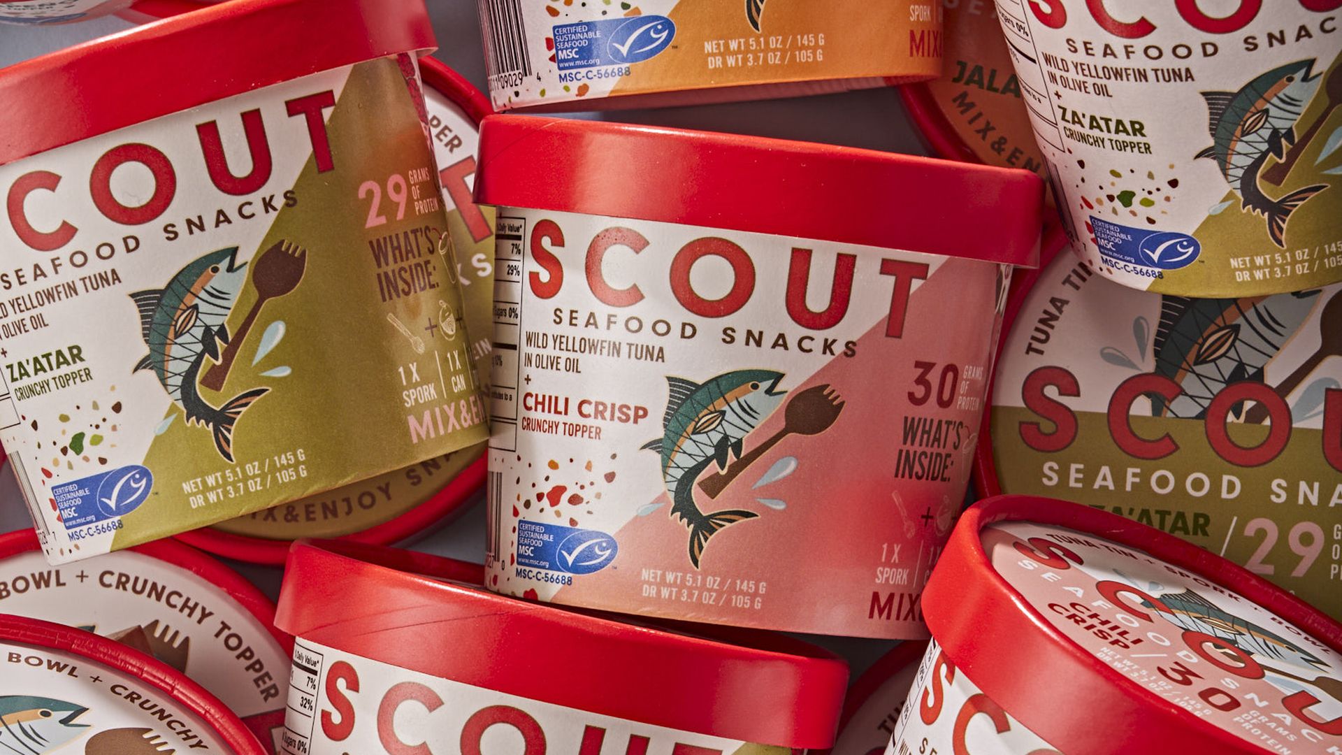 A jumble of Scout seafood snack containers.