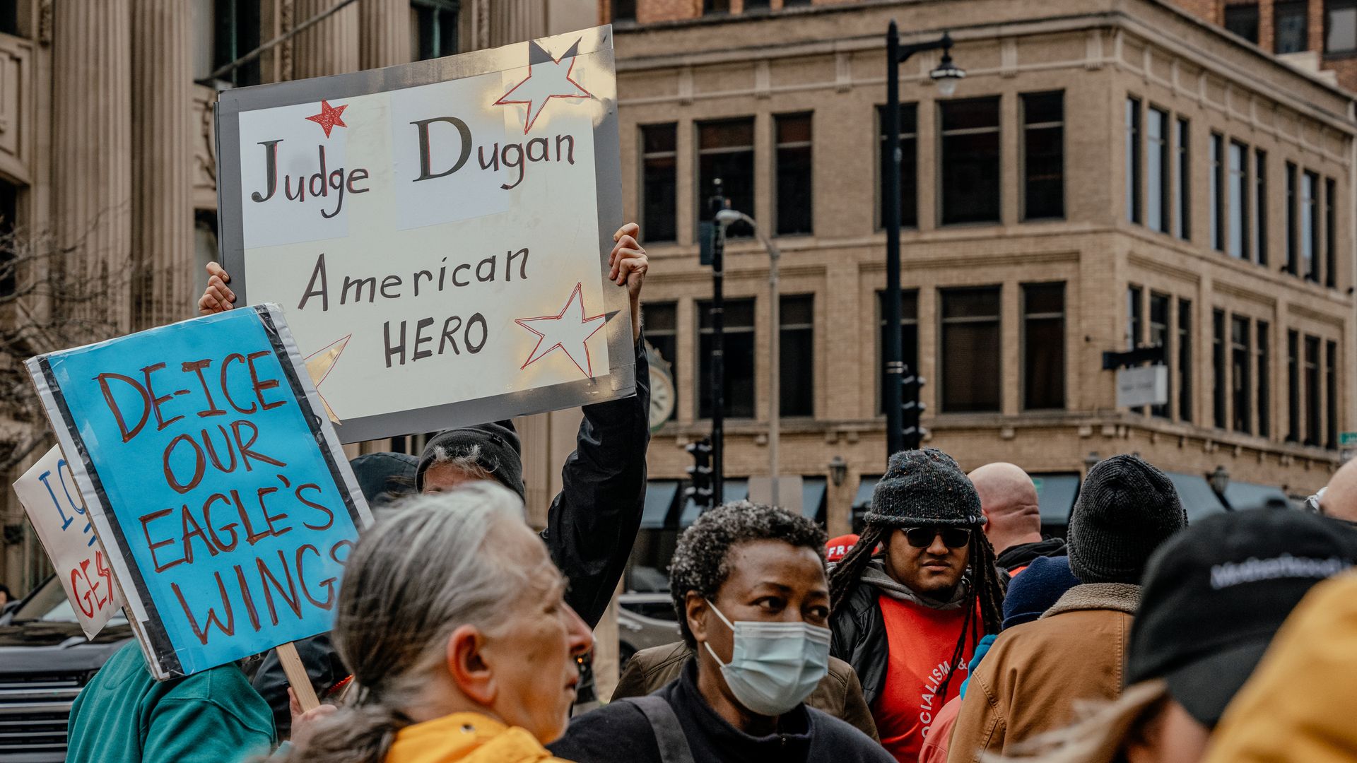 Demonstrators in front of the Milwaukee Federal Building and US Courthouse in Milwaukee, Wisconsin, US, on Friday, April 25, 2025. 