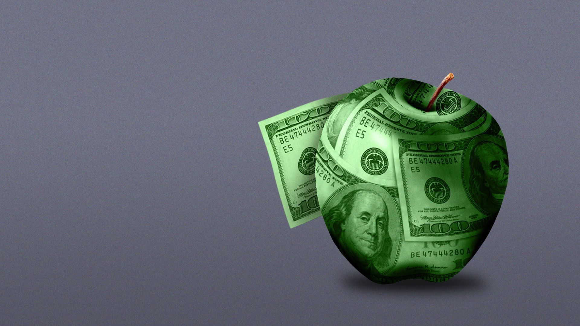 Illustration of an apple made of money.
