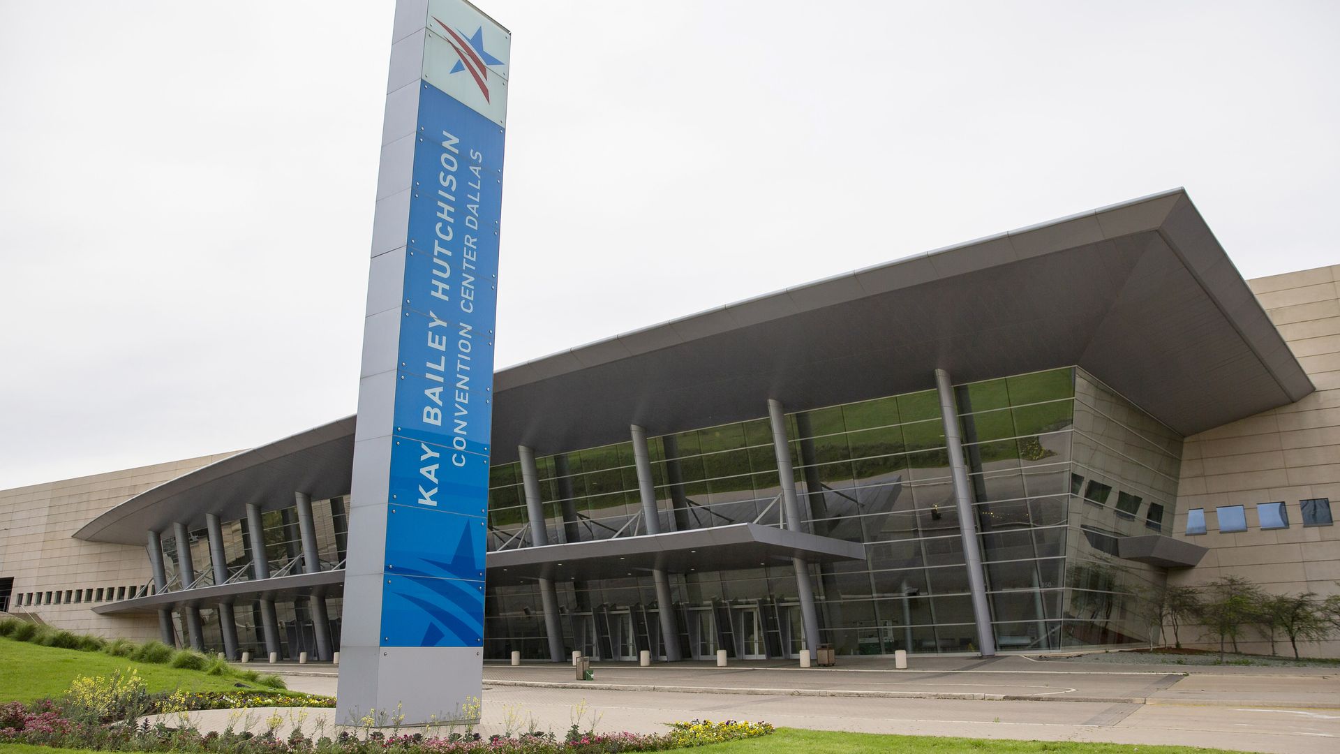 A convention center with big glass windows