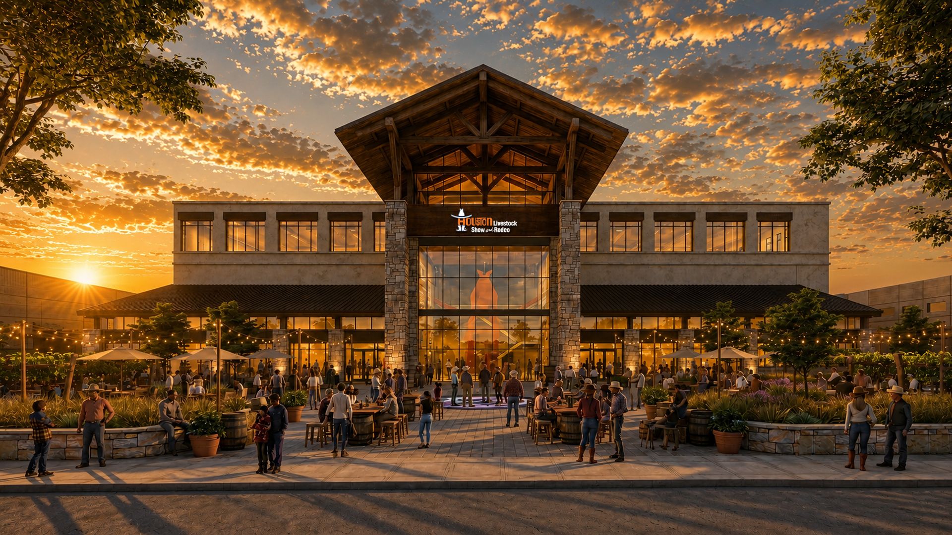 Sunset glow over a large rustic entrance labeled "Houston Livestock Show and Rodeo," with a stone-and-wood façade, glass doors, and crowds at outdoor tables under string lights.