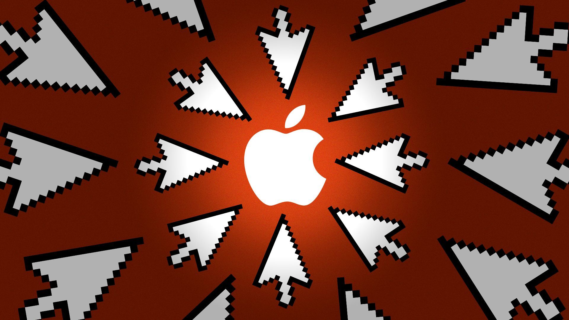 Illustration of arrow cursors aimed at Apple's logo.