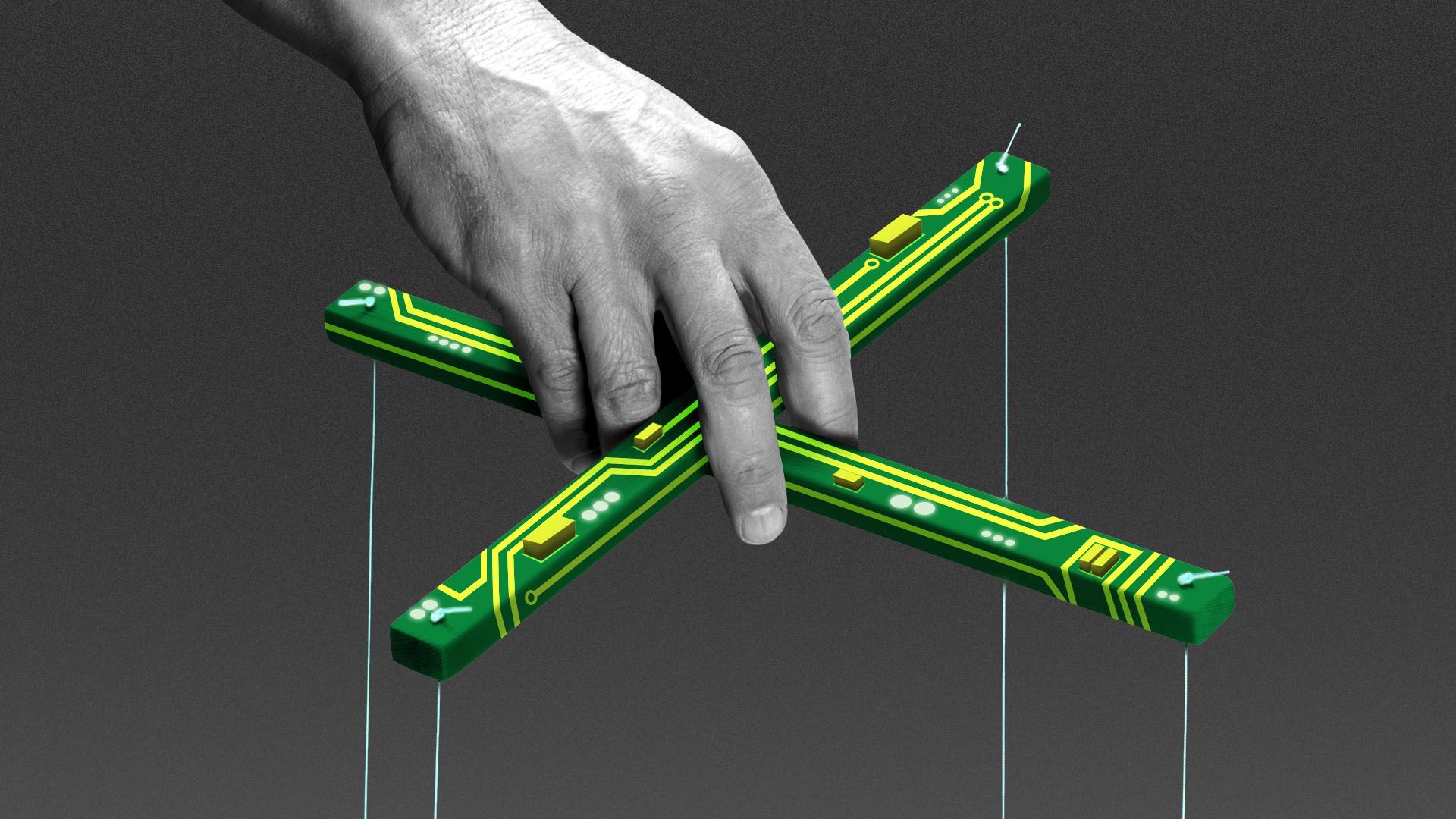 Illustration of a hand holding a marionette control bar resembling a computer circuit board