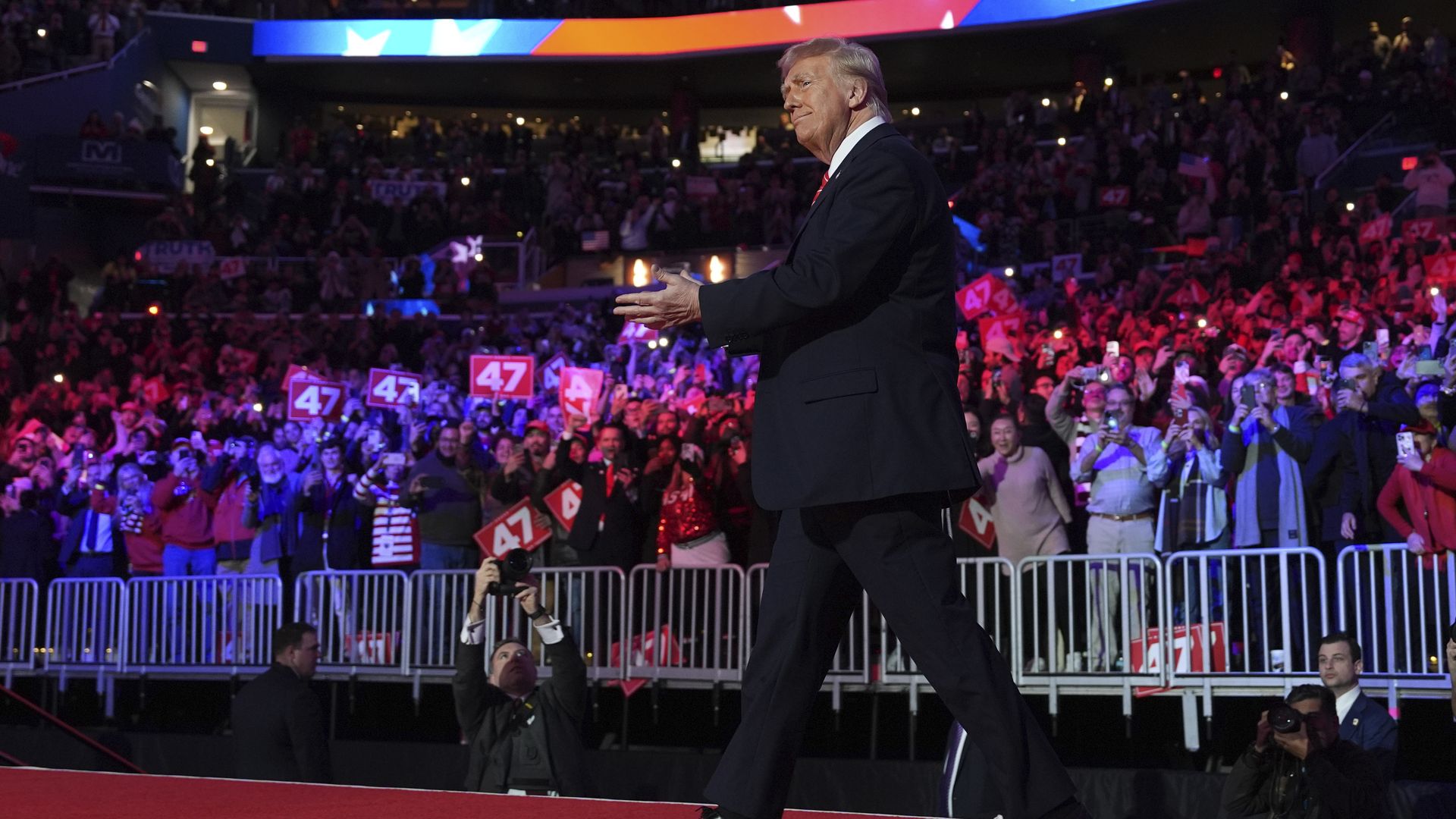 President-elect Trump arrives at his Make America Great Again Victory Rally, on Inauguration Eve at Capital One Arena in Washington. Photo: Evan Vucci/AP