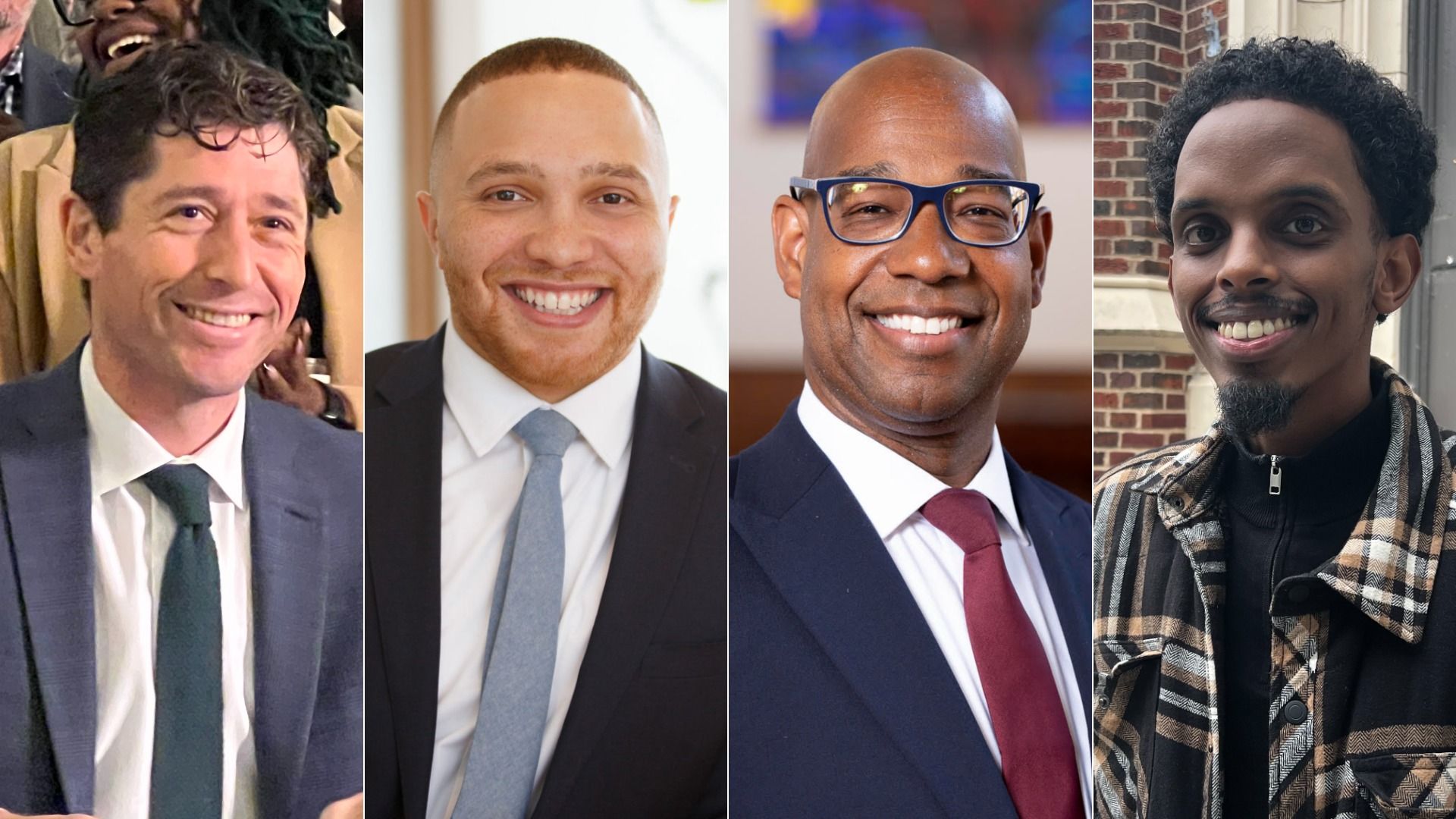 Four men in suits pose for separate portraits stitched into a quadtych