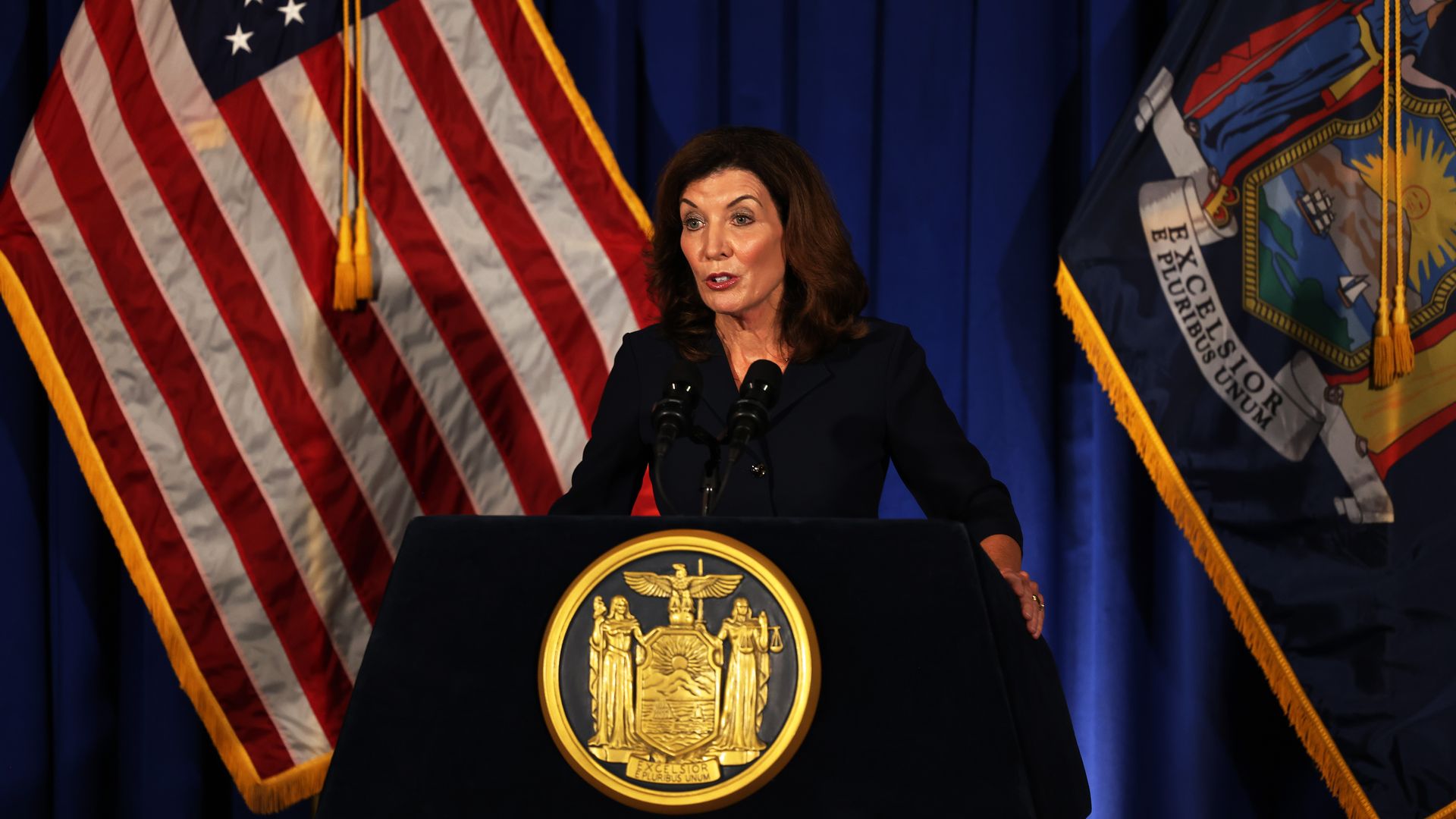 New York Gov. Kathy Hochul speaking during a press conference at the New York State Capitol.
